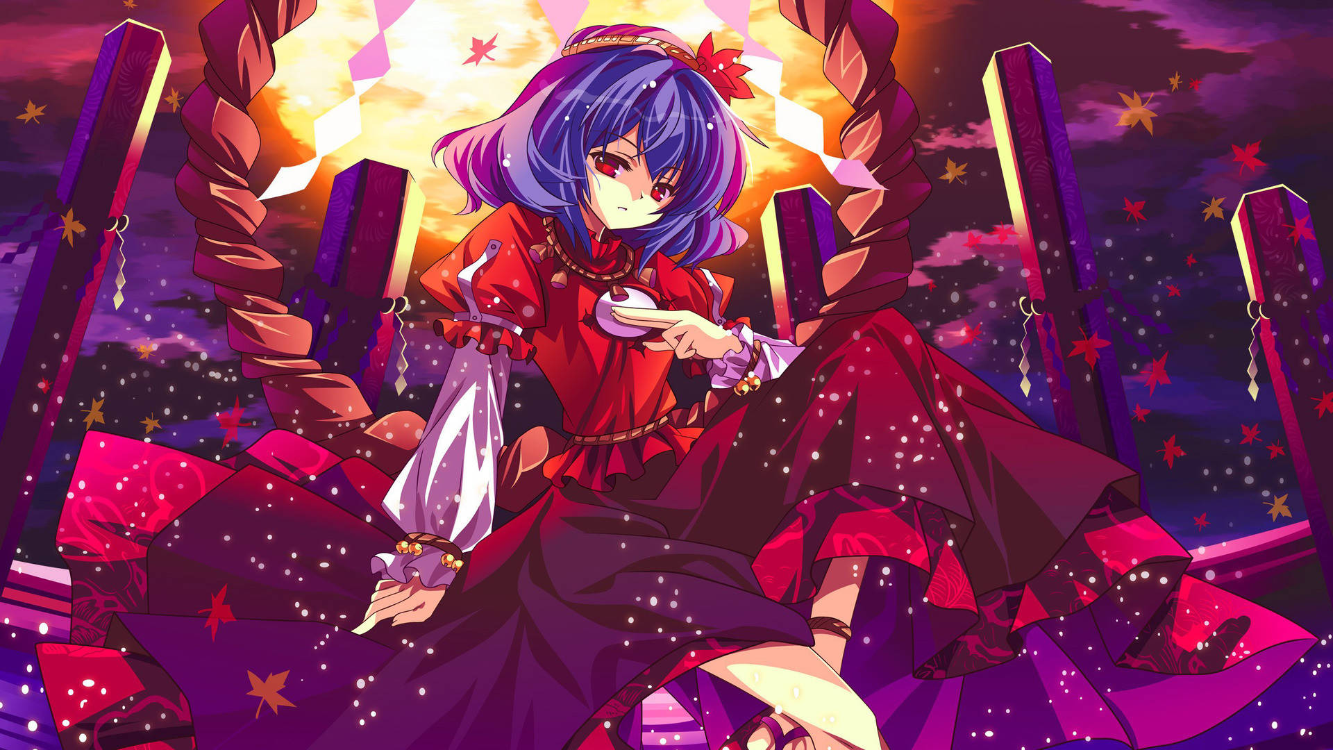 東方Project 神社之葉 壁紙 — 一位藍髮動漫女孩穿著紅色連衣裙，坐在由破碎柱子組成的王座上，背景是星光閃爍的黃昏天空。