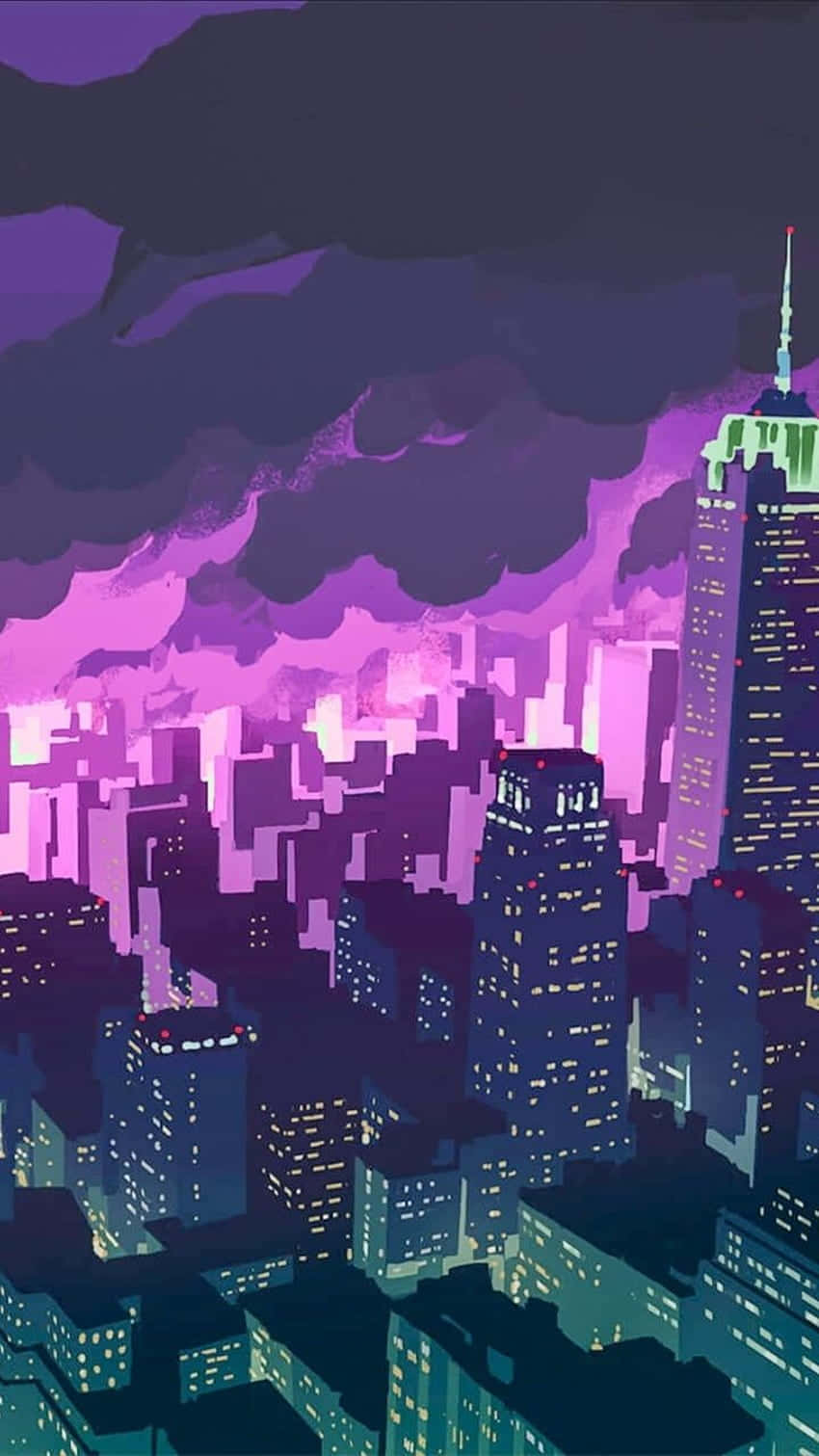 動漫建築《Promare》2019電影 壁紙 — 夜晚風格化的城市景觀，紫色雲層和發光的窗戶，在暴風雨的天空下。