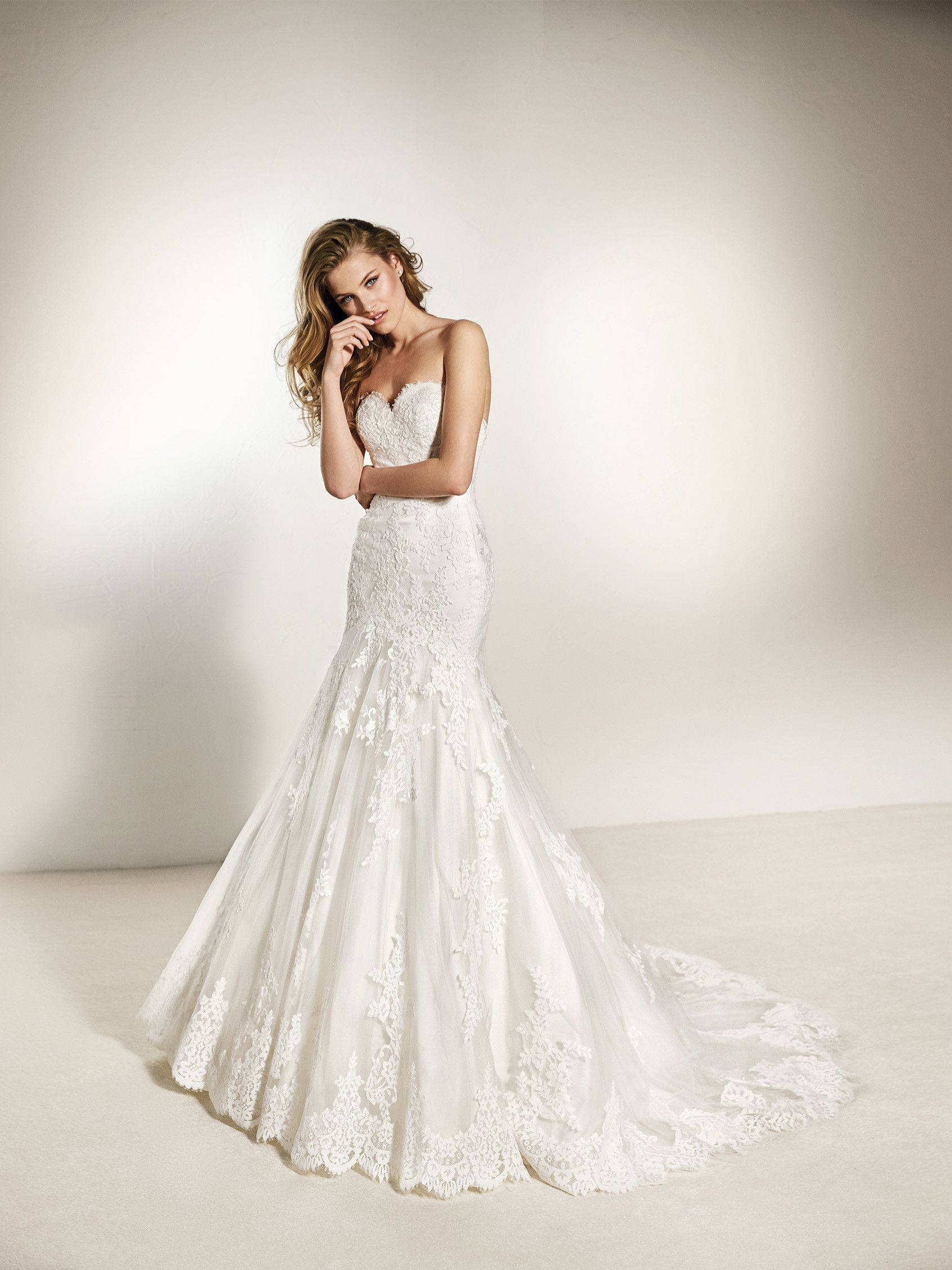 Pronovias 婚紗 壁紙 — 一位新娘穿著優雅的白色蕾絲美人魚婚紗，在柔和的攝影棚背景下優雅地擺姿勢。