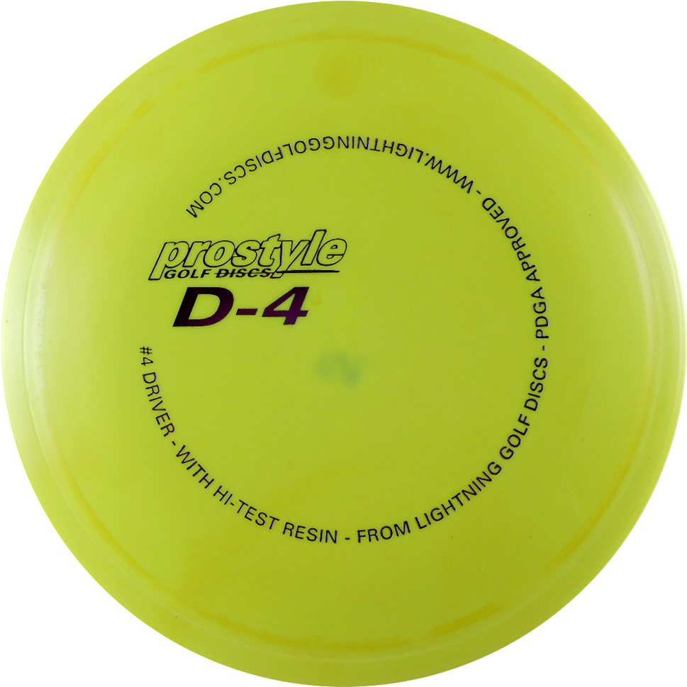 黃色Prostyle高爾夫飛盤D4 壁紙 — 一個亮黃色的 Prostyle D-4 飛盤高爾夫驅動器，帶有黑色文字，置於純黑背景上。