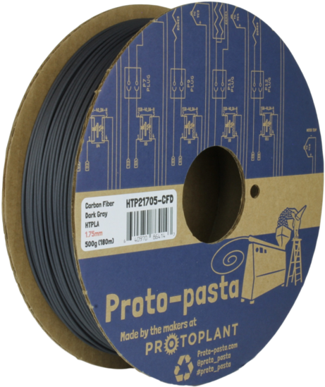 Proto Pasta碳纖維絲線捲軸 壁紙 — 一個深灰色碳纖維線軸，標有 Proto-pasta，藍色包裝上有電路圖和 3D 打印機插圖。