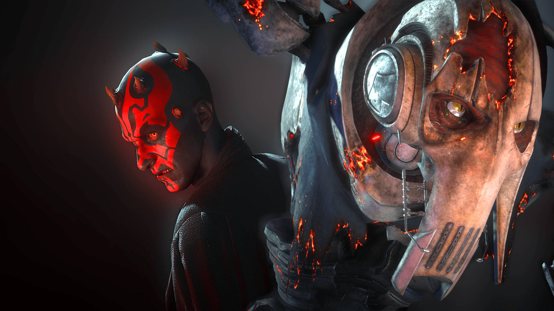 Prove Your Worth in Epic Star Wars Battles 壁紙 — 達斯摩爾和一個燃燒的機械人面孔在黑暗、火熱的場景中浮現，帶有發光的紅色點綴。