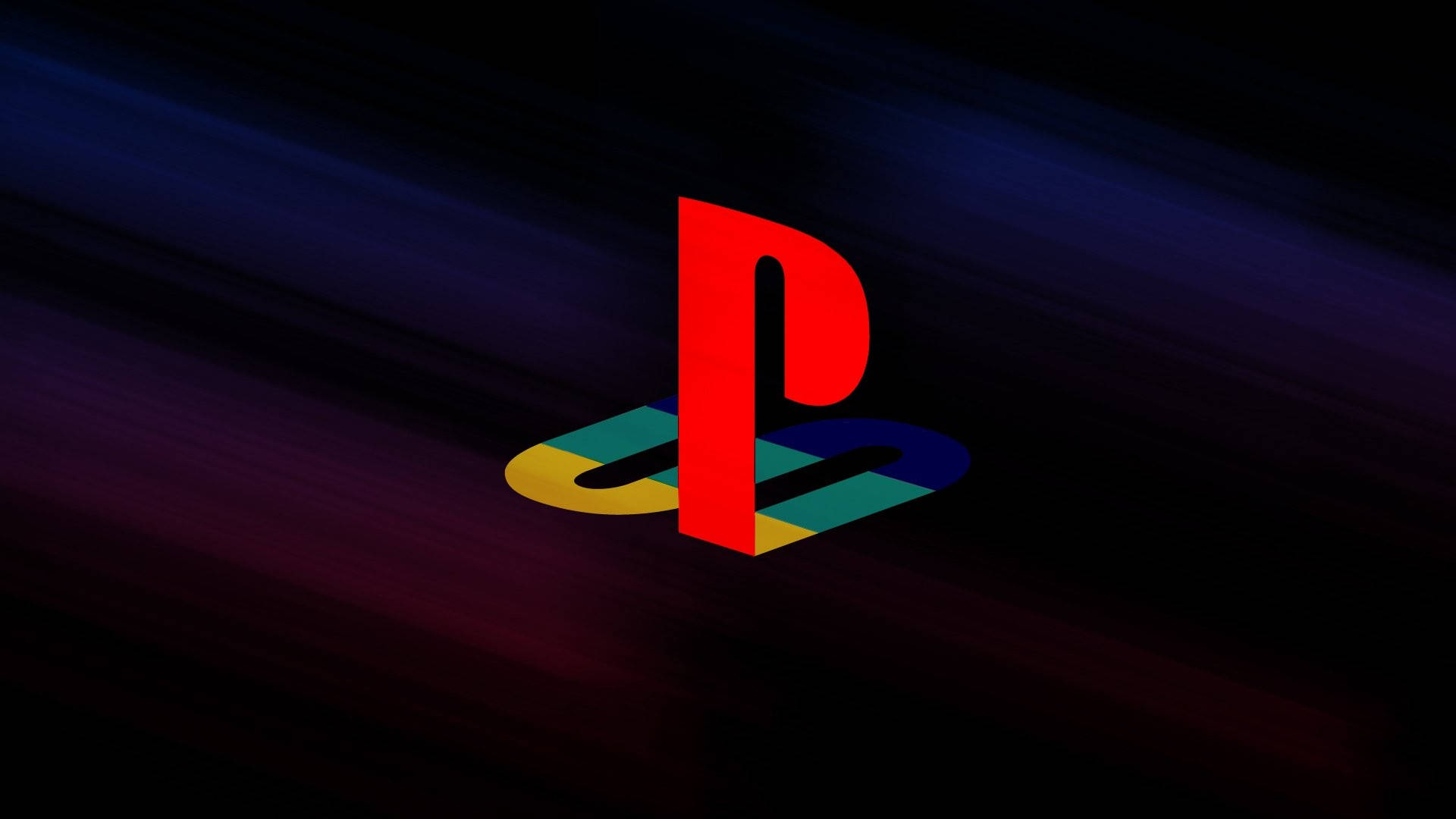 PS3 PlayStation標誌深色背景 壁紙 — 發光的紅色PlayStation標誌在帶有藍色和紫色條紋的深色漸變背景上脫穎而出。