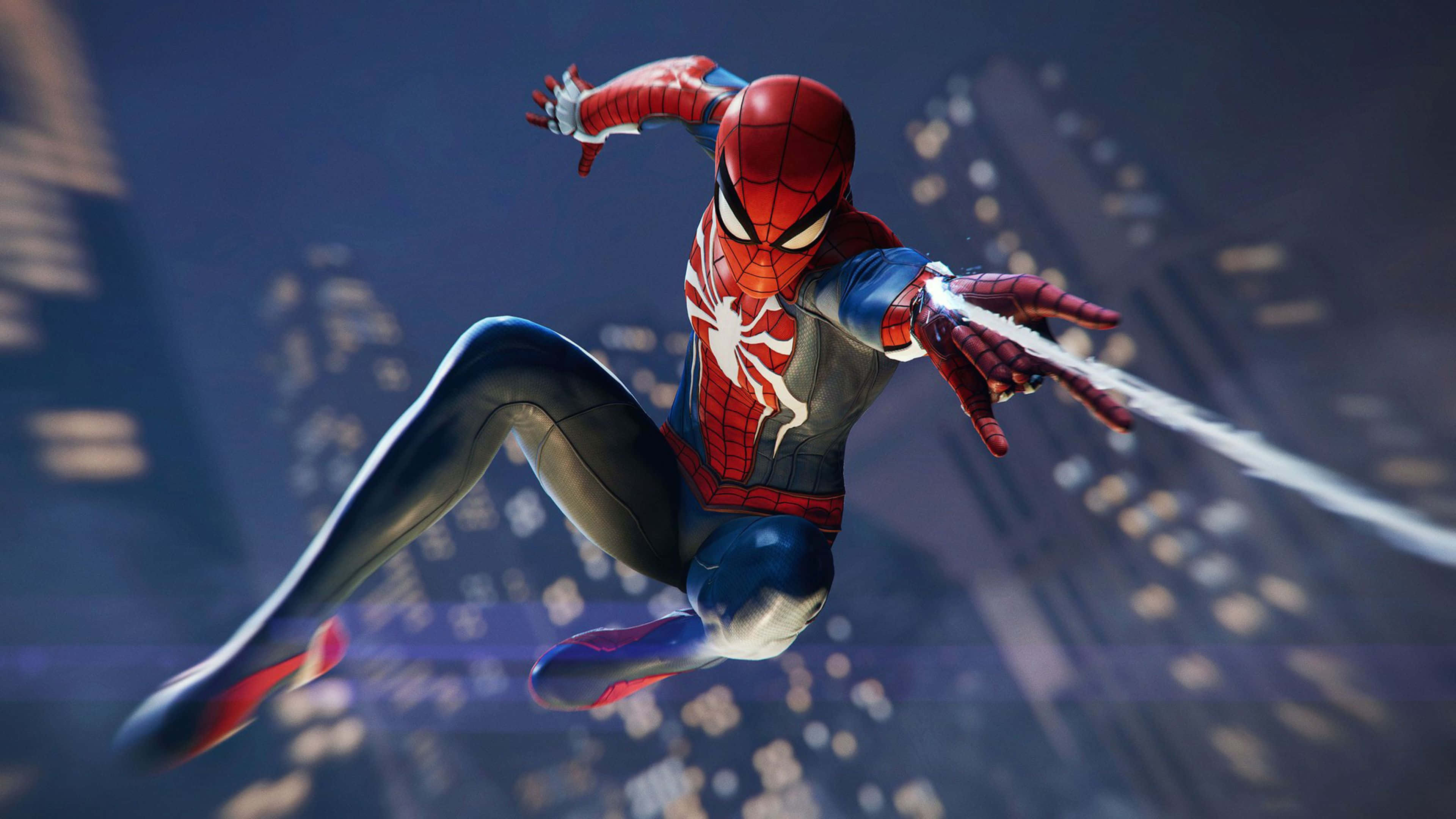 蜘蛛人 PS4 4K 行動蛛網 壁紙 — 蜘蛛俠在夜晚穿過霓虹燈照亮的城市景觀，從手中射出蛛網。