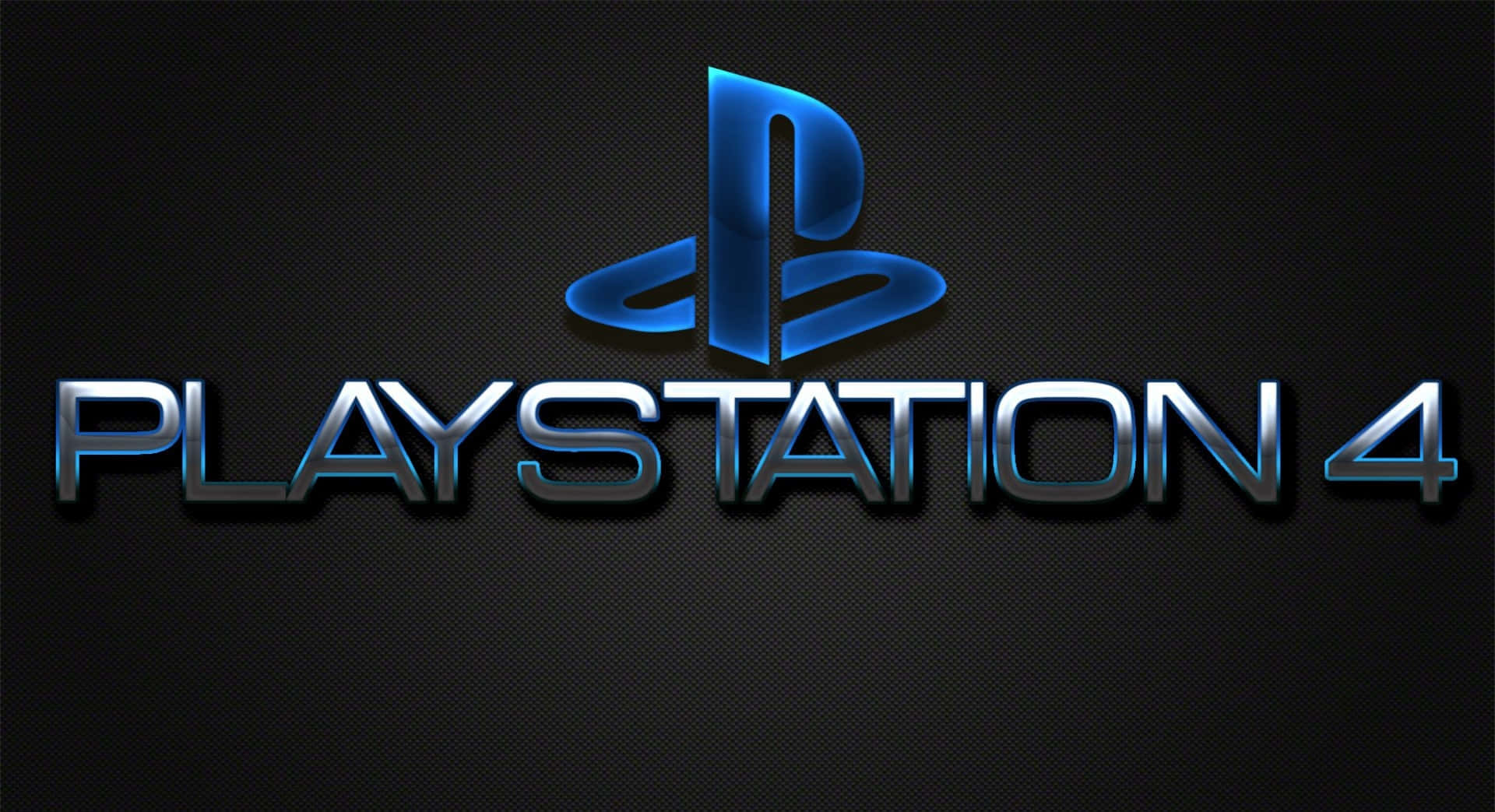 PS4 標誌純黑主題 壁紙 — 在深色紋理背景上，帶有金屬光澤的亮藍色 PlayStation 4 標誌。