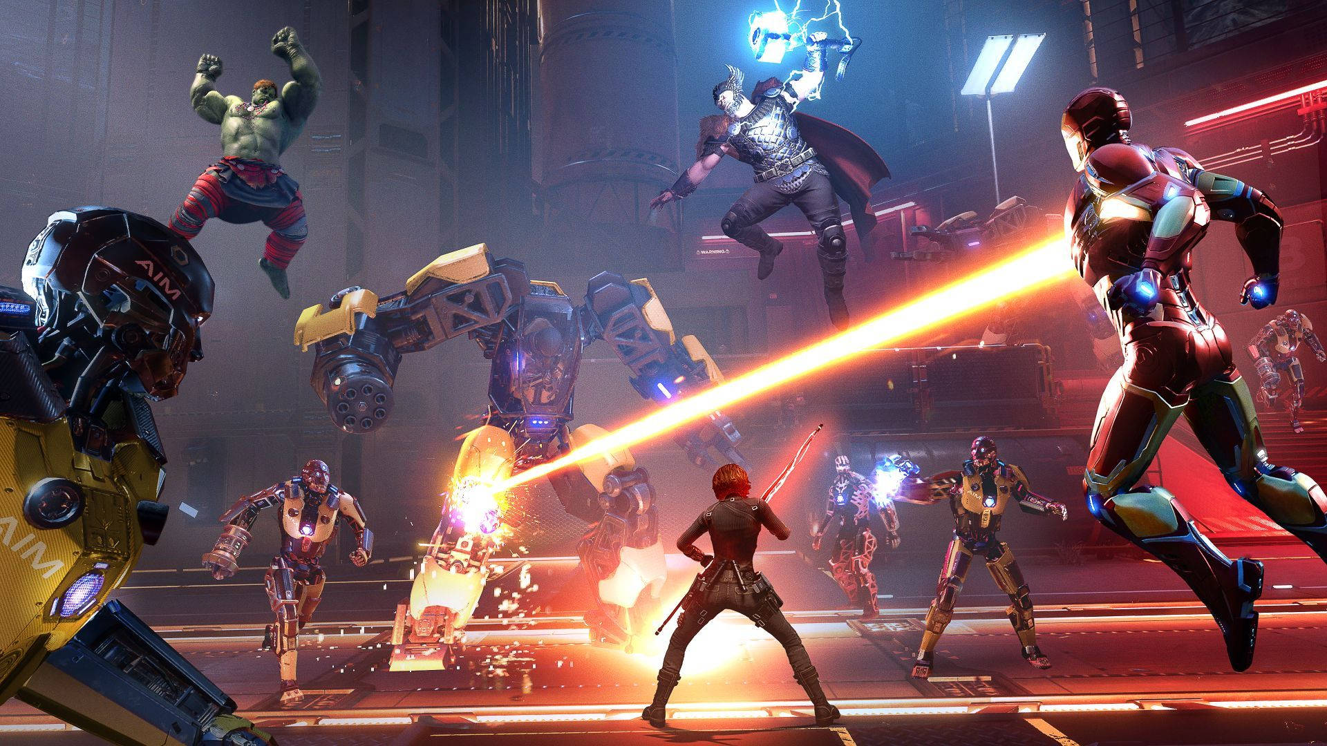 化身復仇者，拯救世界！全新《復仇者聯盟》PS4 遊戲 壁紙 — 超級英雄和機械人在霓虹燈閃爍的未來城市景觀中碰撞，伴隨著爆炸性能量光束和飛行的戰鬥者。