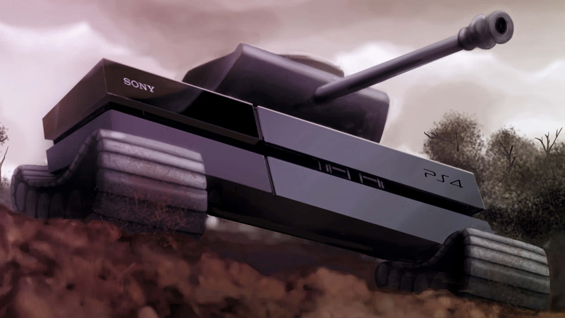 PlayStation 4 主機重新設計成坦克，在泥濘田野中，天空多雲