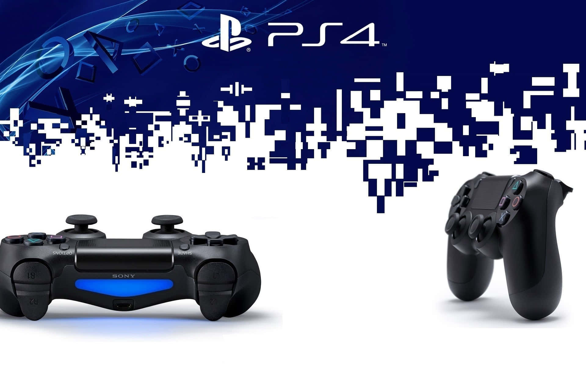 兩個PlayStation 4控制器在藍色像素背景上。