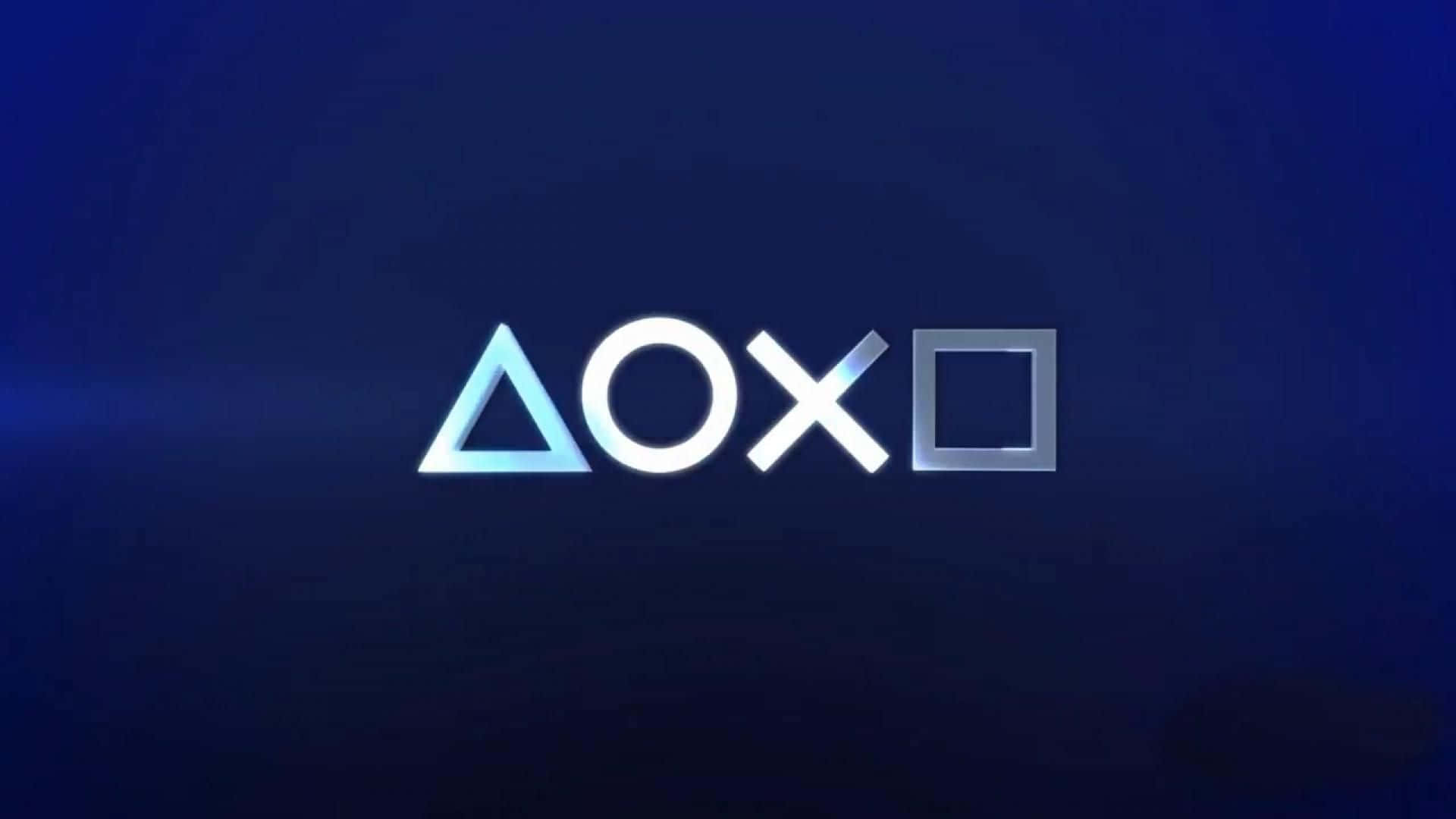 大型閃亮白色字體的簡約酷炫 PS4 壁紙 — 閃爍的PlayStation標誌符號在深藍色漸變背景上發光，帶有微妙的光線。