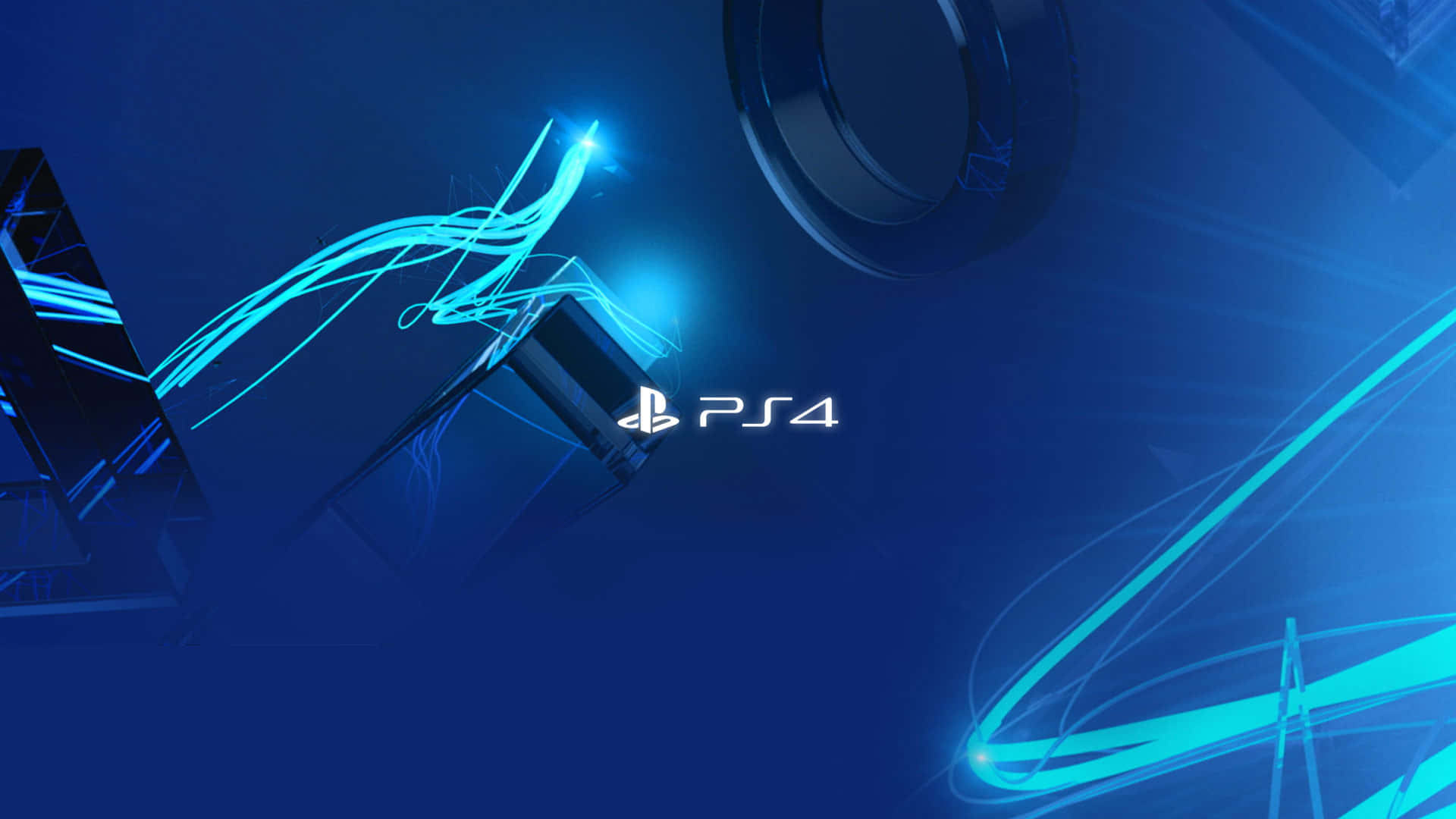 PS4 抽象藍線主題 壁紙 — 一部時尚的PS4主機在深藍色數位背景上散發出鮮豔的藍色光軌。