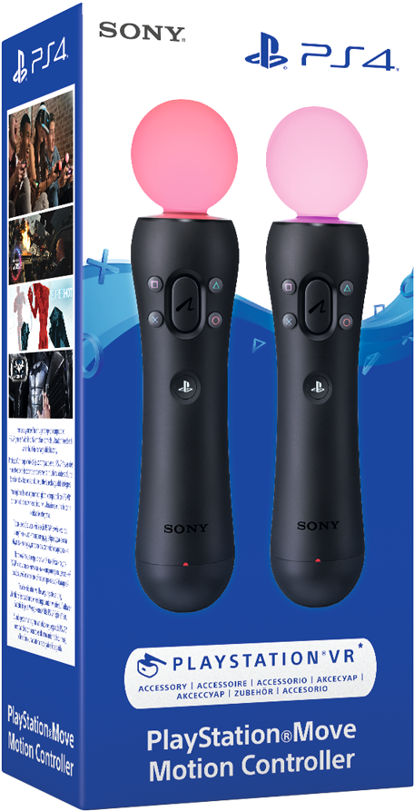 PS4 PlayStation Move控制器包裝 壁紙 — 兩個黑色PlayStation Move動態控制器，帶有發光粉紅色球體，顯示在藍色產品盒上。