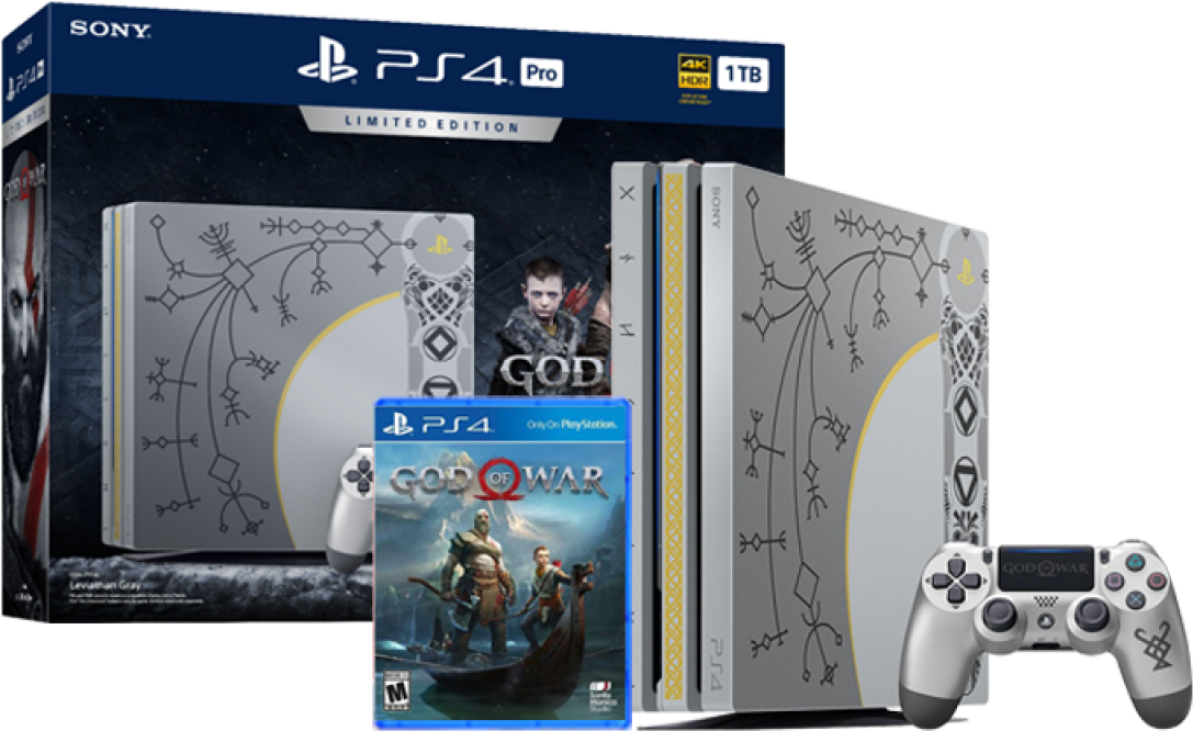 限量版《戰神》PS4 Pro套裝 壁紙 — 限量版 PS4 Pro 主機與 God of War 遊戲套裝，附銀色北歐符文設計及手掣。