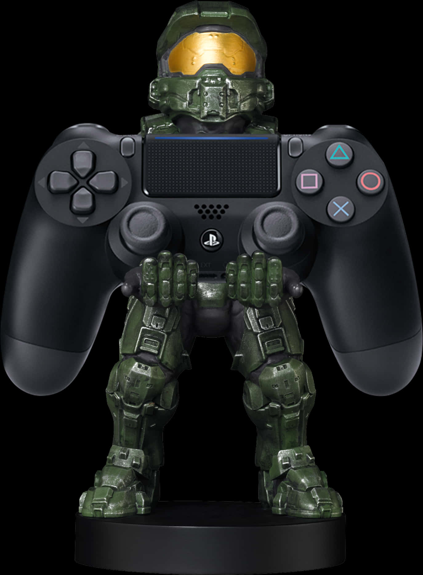 士官長手持PS4控制器 壁紙 — 一個綠色裝甲斯巴達人形站立，PlayStation控制器形成其軀幹，背景為黑色。