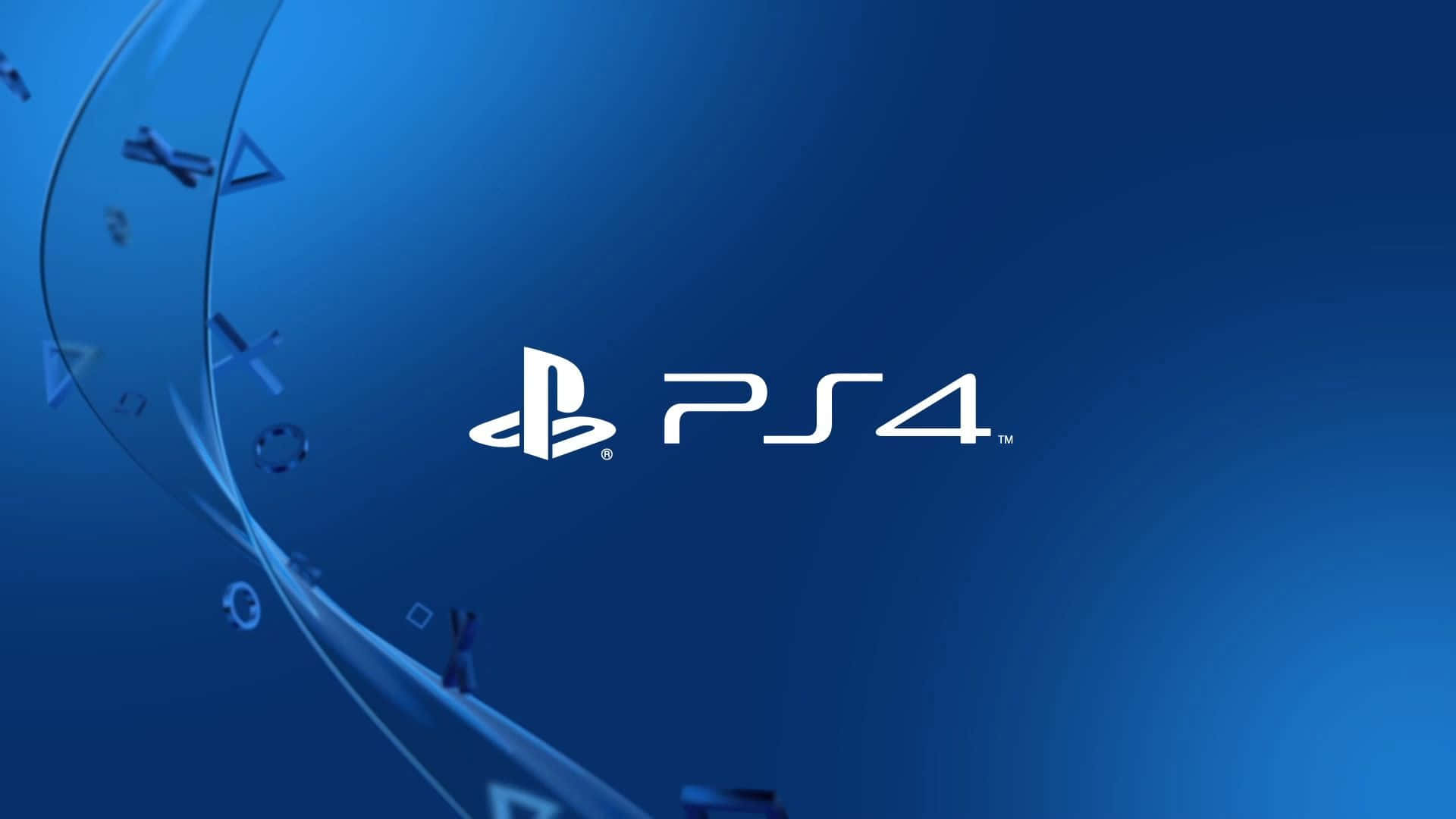 預設酷炫 PS4 標誌配漂浮控制器圖標 壁紙 — 一個白色流線型PS4標誌漂浮在漸變藍色背景上，帶有旋轉的半透明控制器符號。