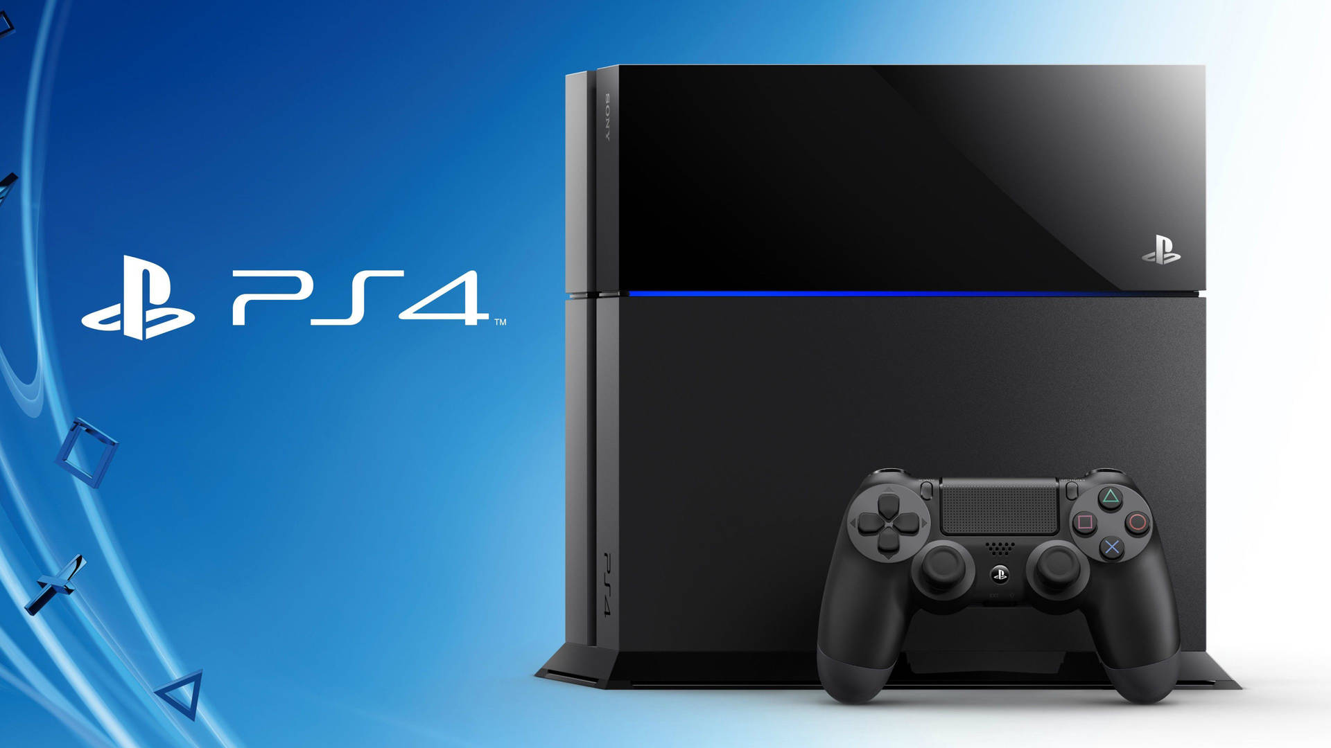 PlayStation 4 主機和控制器在藍色漸變背景上，帶有浮動符號。