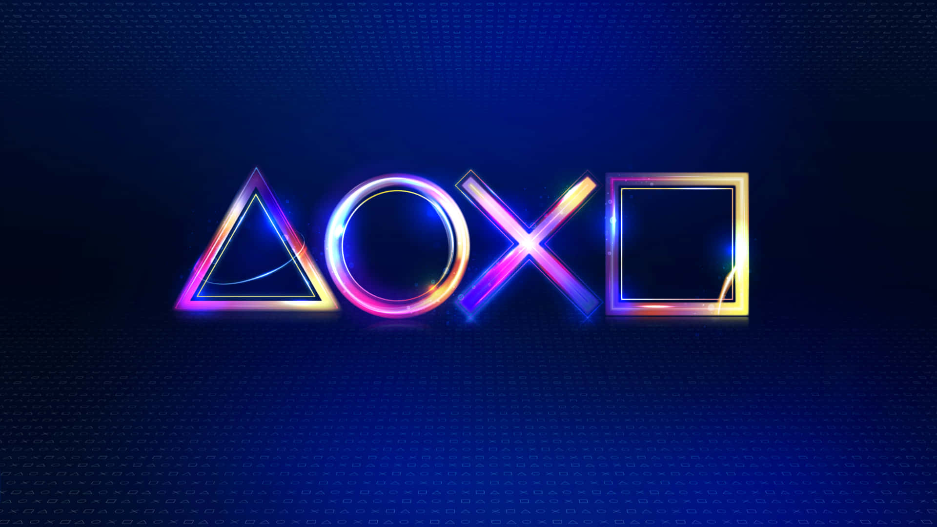 在數碼網格上閃爍著彩虹光芒的PlayStation標誌符號。