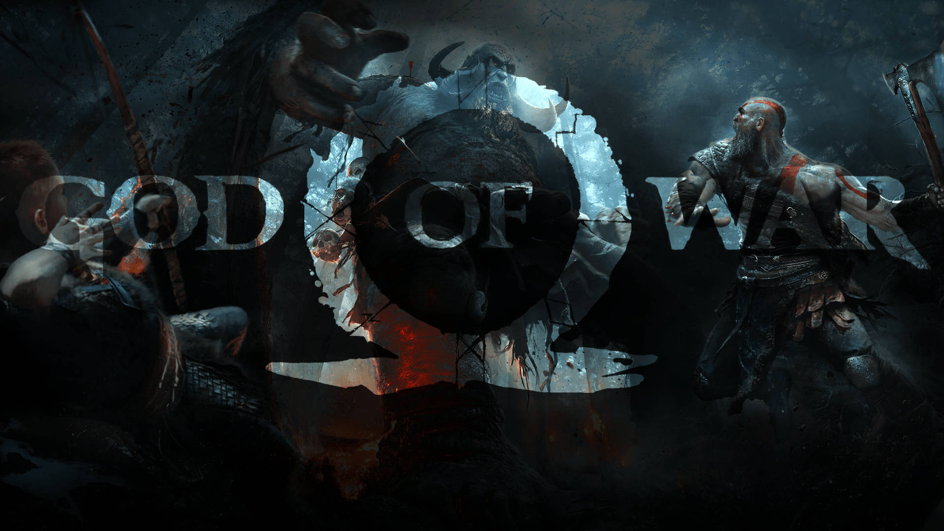 God of War 遊戲標誌，戰士與巨手，黑暗奇幻風格