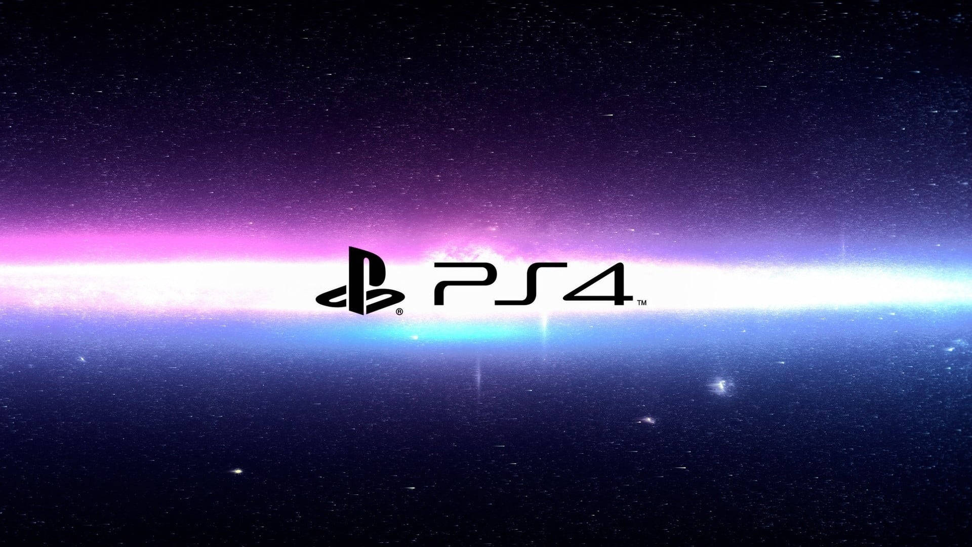 PS4 標誌在帶有紫色和藍色星雲的星空宇宙背景中發光。