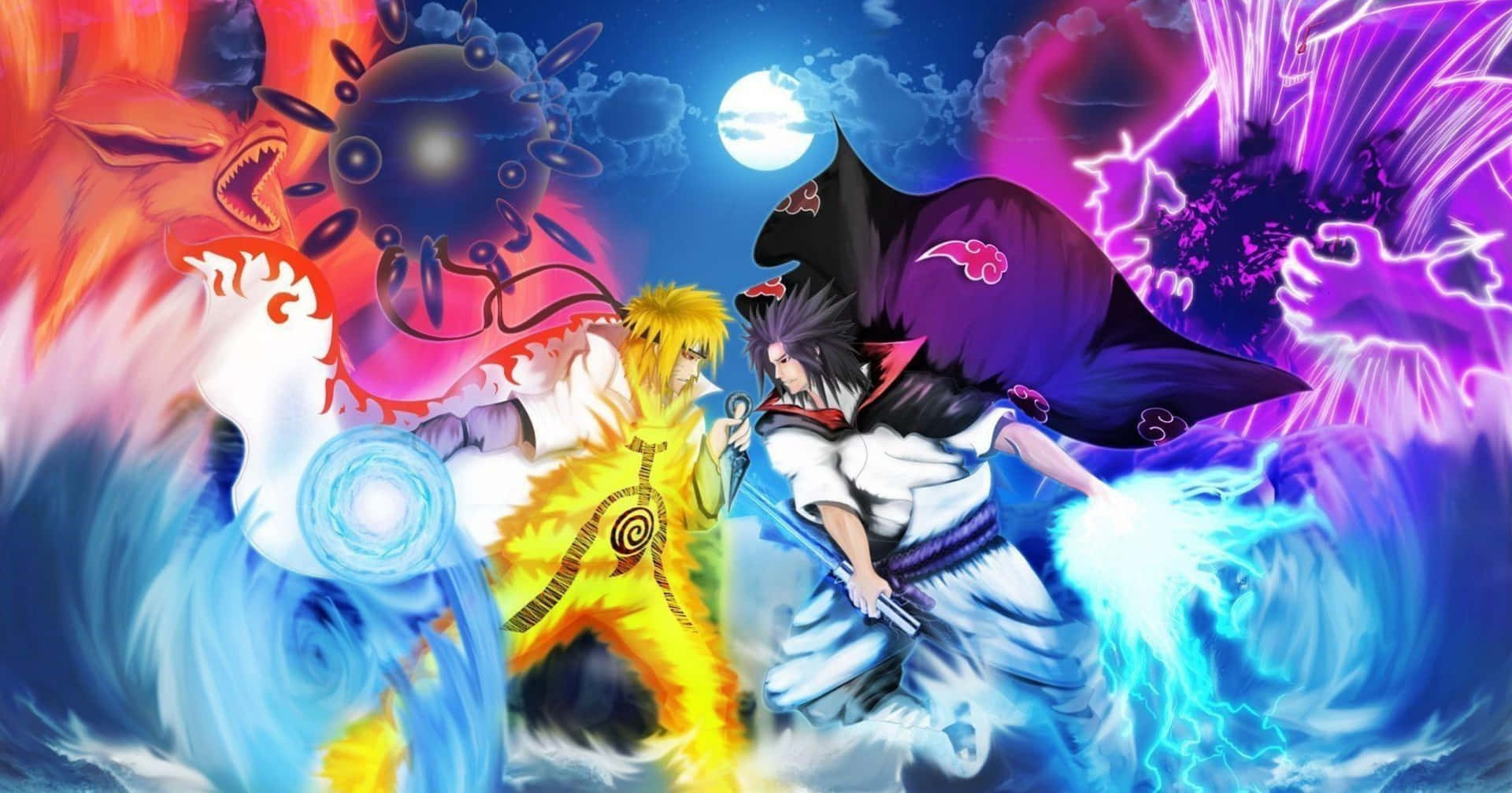 PS4《火影忍者》全功率鳴人與佐助 壁紙 — 兩位動漫戰士在滿月下，伴隨著旋轉的元素查克拉，於一場充滿活力的宇宙戰鬥中交鋒。