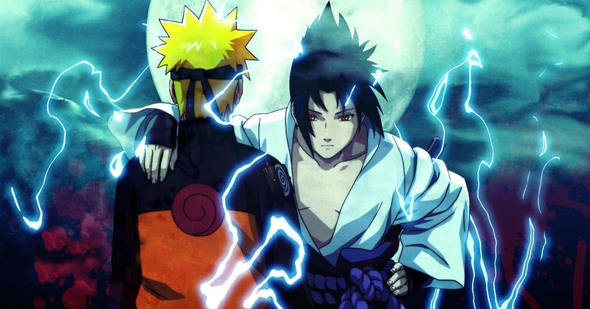 滿月下，兩位動漫忍者戰士被藍色閃電包圍。 — 火影忍者 佐助 GIF 壁紙