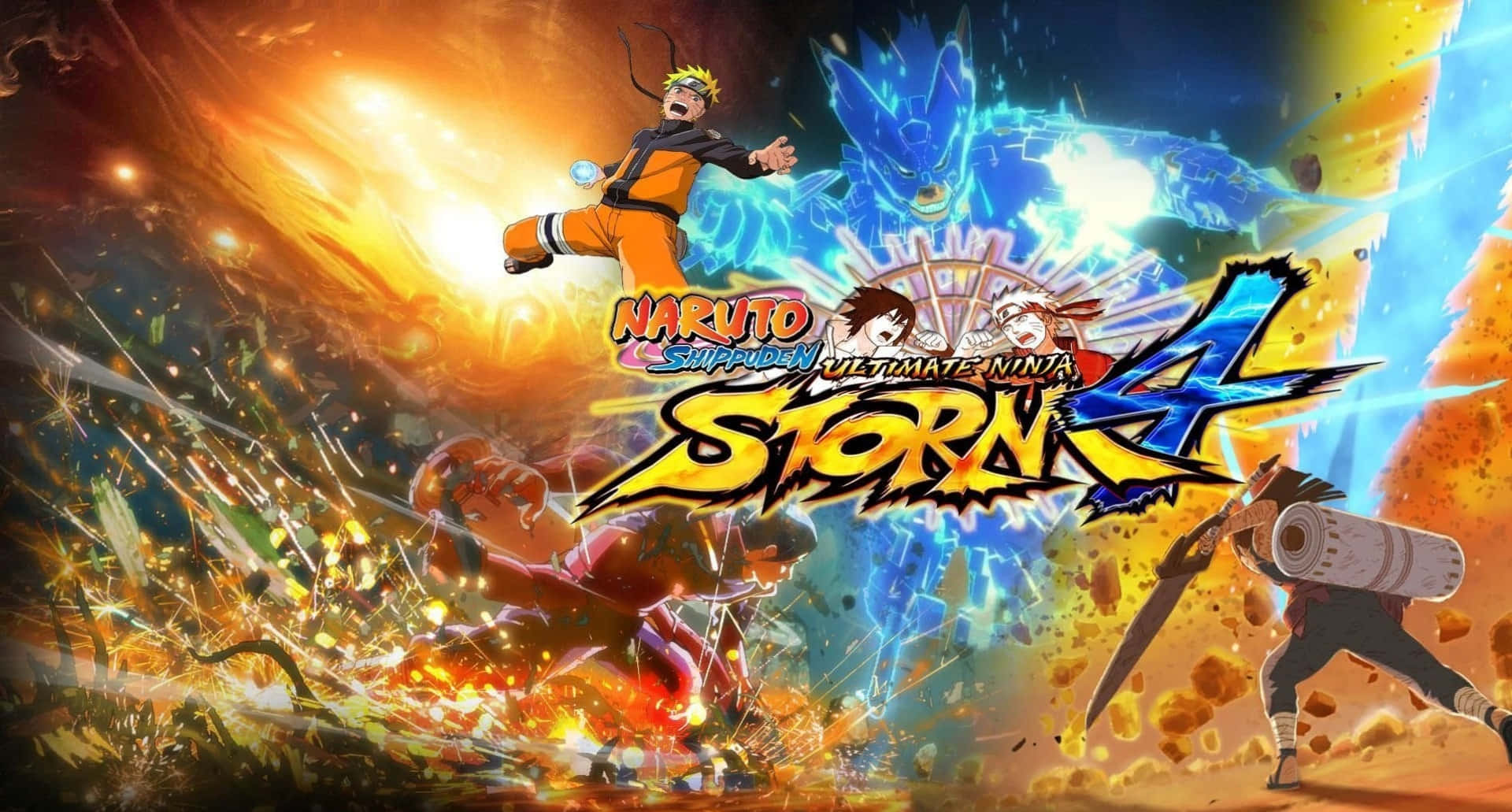 PS4《火影忍者 終極忍者風暴4》精美壁紙 壁紙 — Naruto 和 Sasuke 在火熱橙色和電光藍色的能量爆炸中戰鬥，遊戲標題標誌置中。
