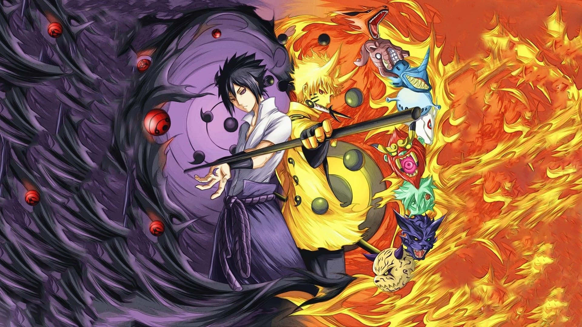 PS4《火影忍者》遊戲主角群壁紙 壁紙 — 動漫戰士在熾熱的橙色和深紫色查克拉風暴中碰撞，惡魔面具在他們周圍旋轉。