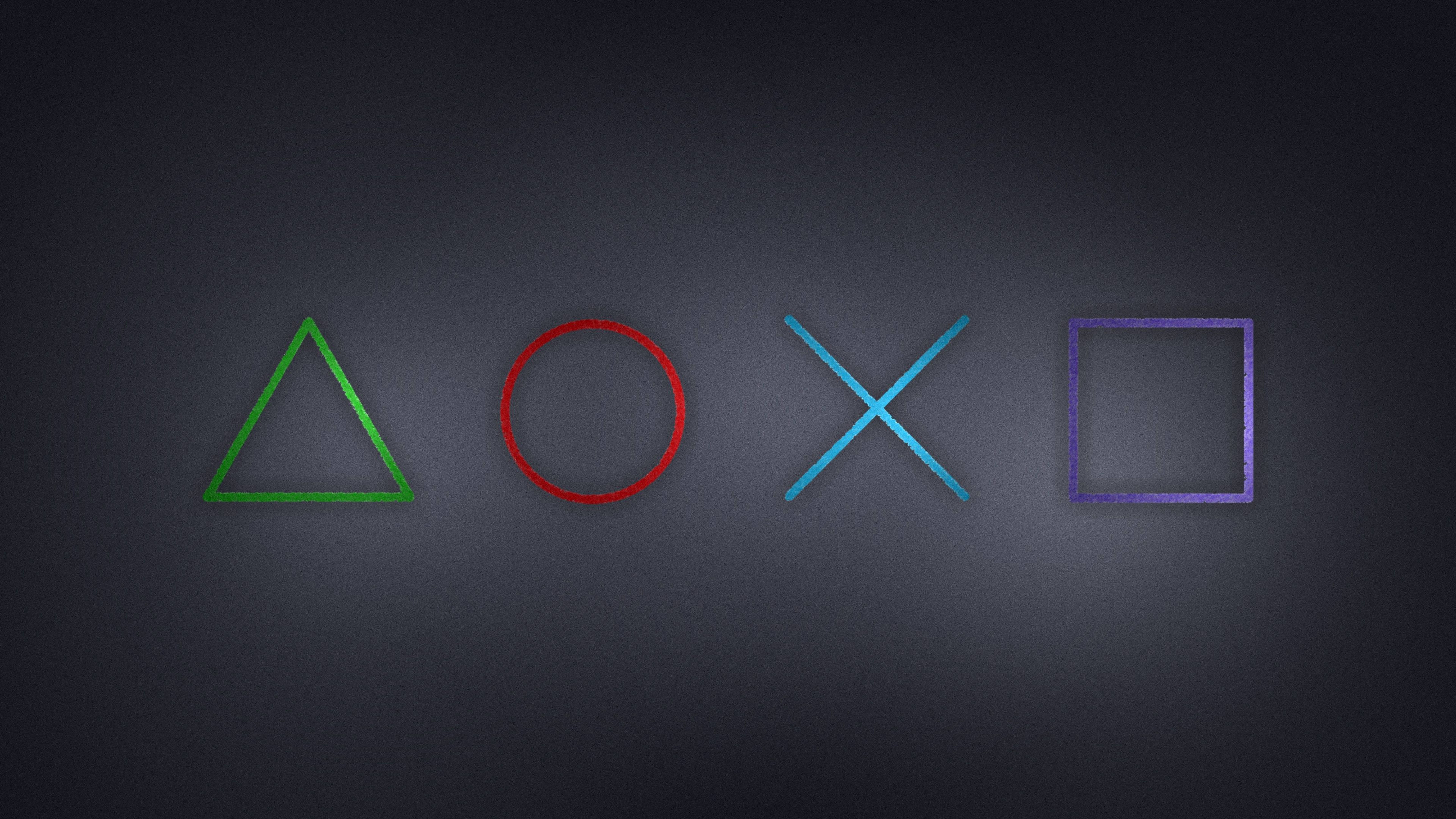 PS4動作按鈕4K壁紙 壁紙 — 四個發光的PlayStation控制器符號三角形圓圈交叉正方形在深色漸變背景上漂浮。