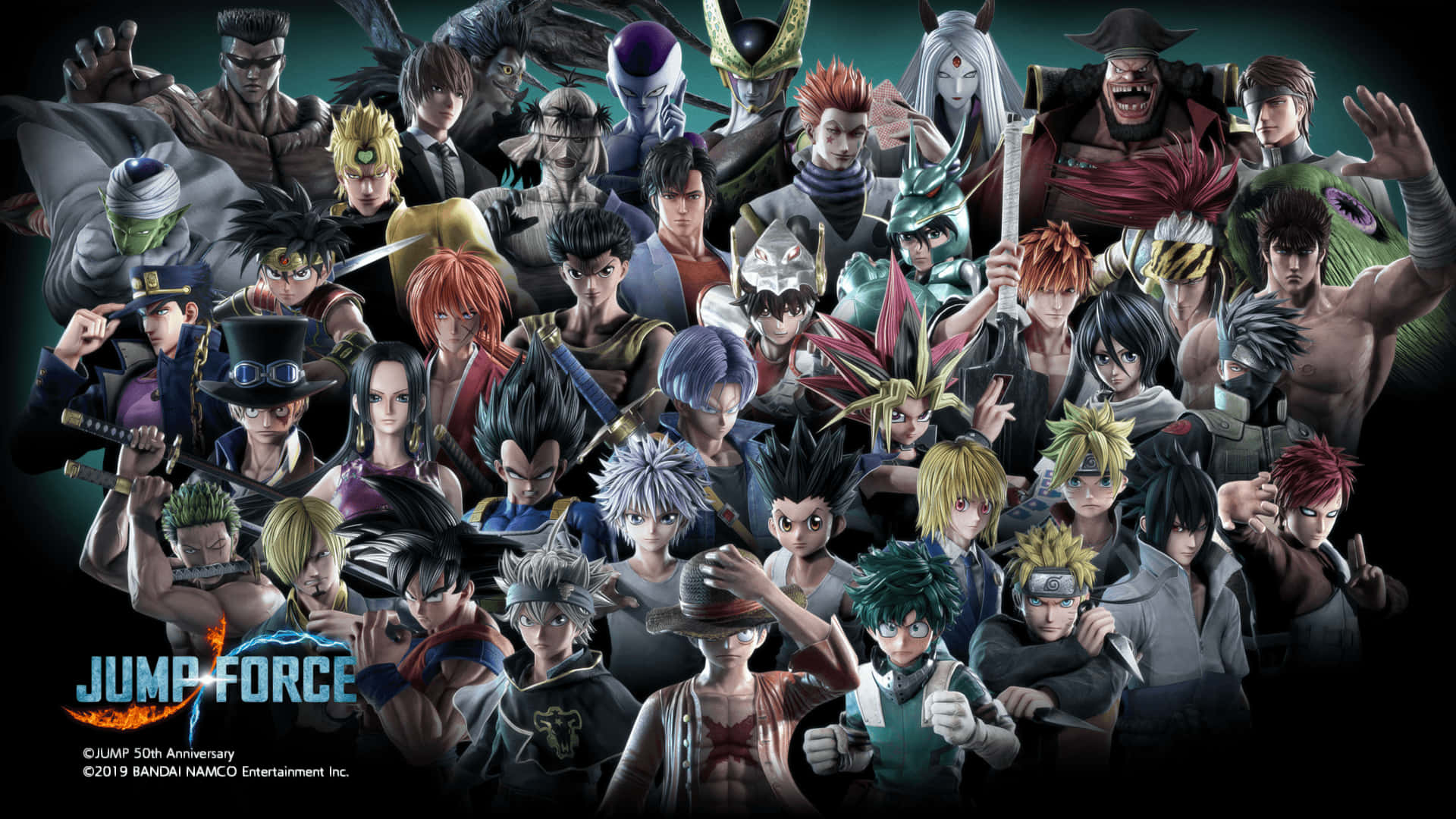 PS4動畫《Jump Force》 壁紙 — Jump Force 中標誌性動漫角色的動態拼貼，在深色背景下英勇擺姿勢。