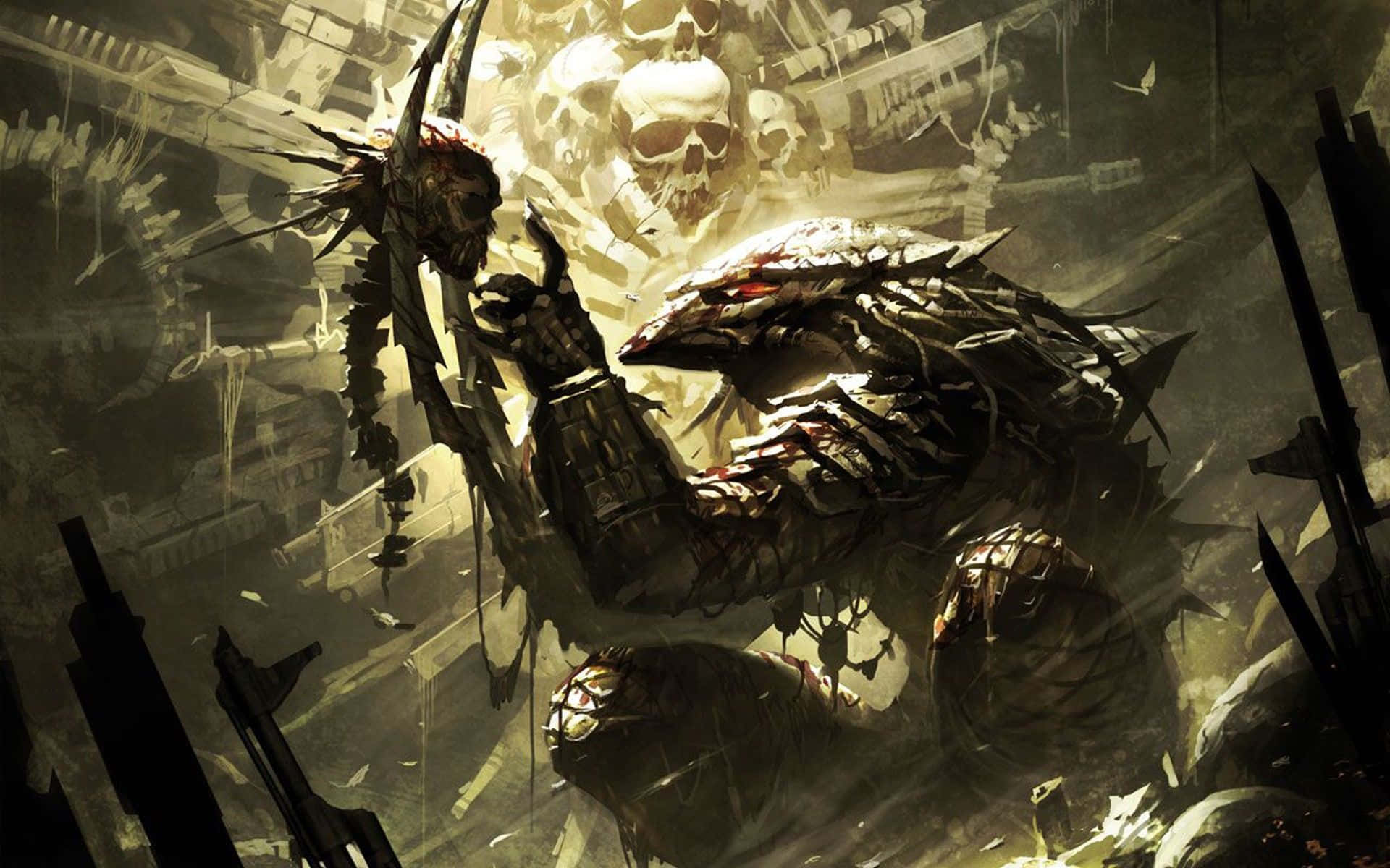 PS4動畫《異獸獵人》 壁紙 — 一個帶有頭骨和刀刃的怪物般的裝甲生物，在陰沉的黃光下從破碎的戰場中出現。