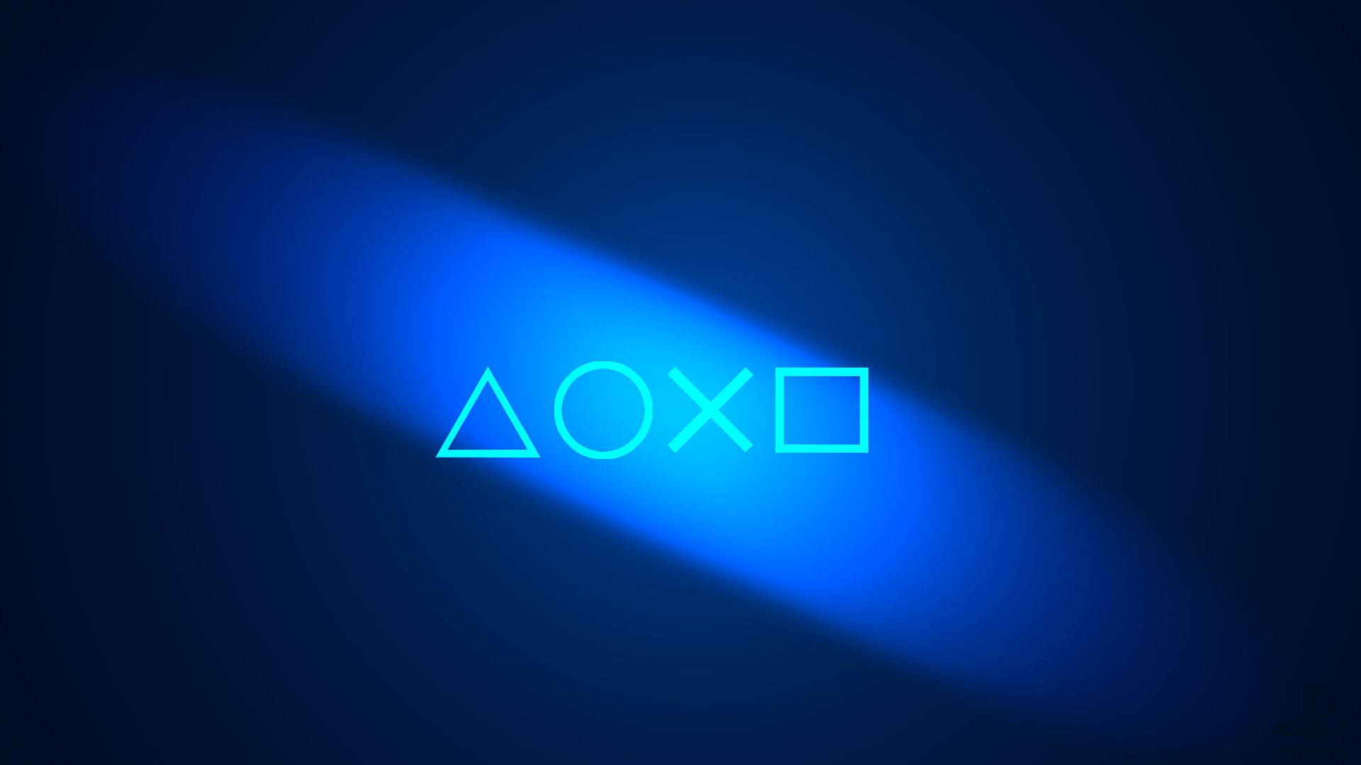 PS5 PlayStation符號 壁紙 — 發光的藍色PlayStation控制器符號在深色漸變背景上閃耀，伴隨著柔和的光線。