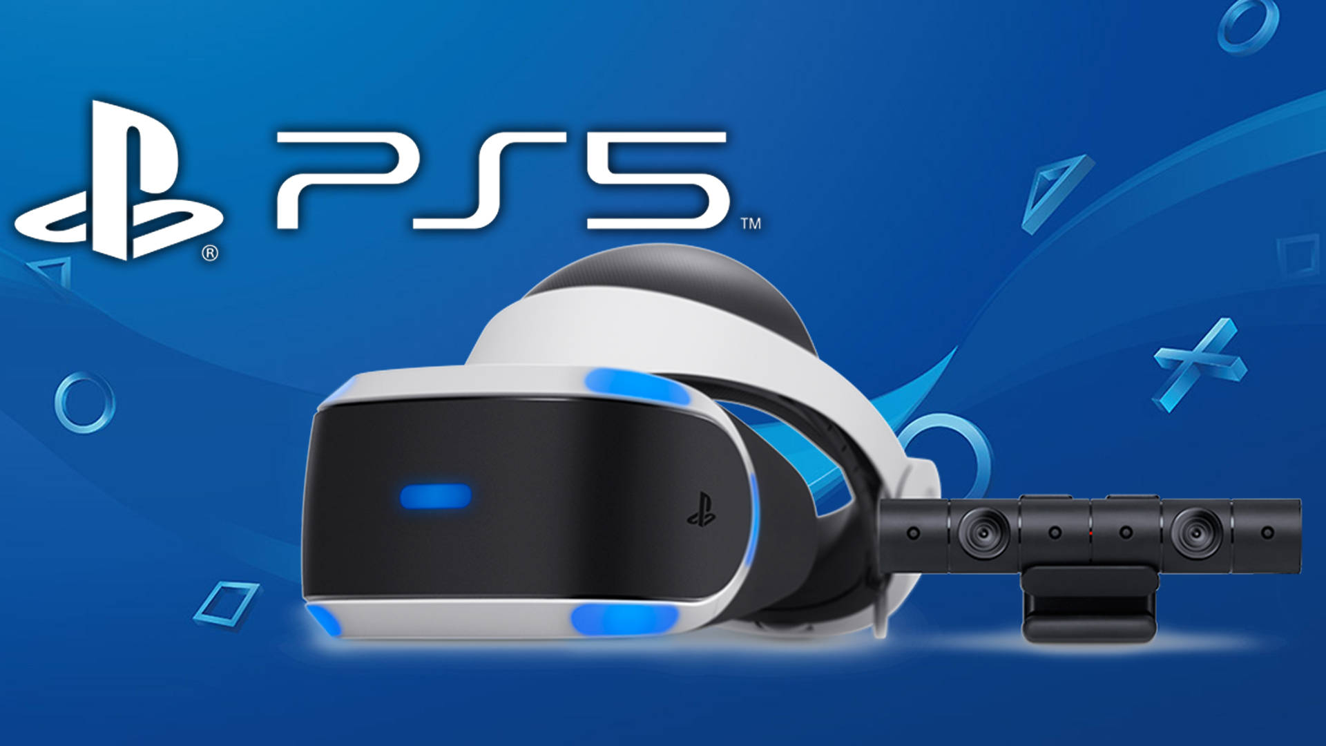 PS5 VR控制器 壁紙 — PlayStation VR 頭戴式裝置和相機居中放置，背景為動態藍色，帶有浮動的 PlayStation 標誌和 PS5 標誌。