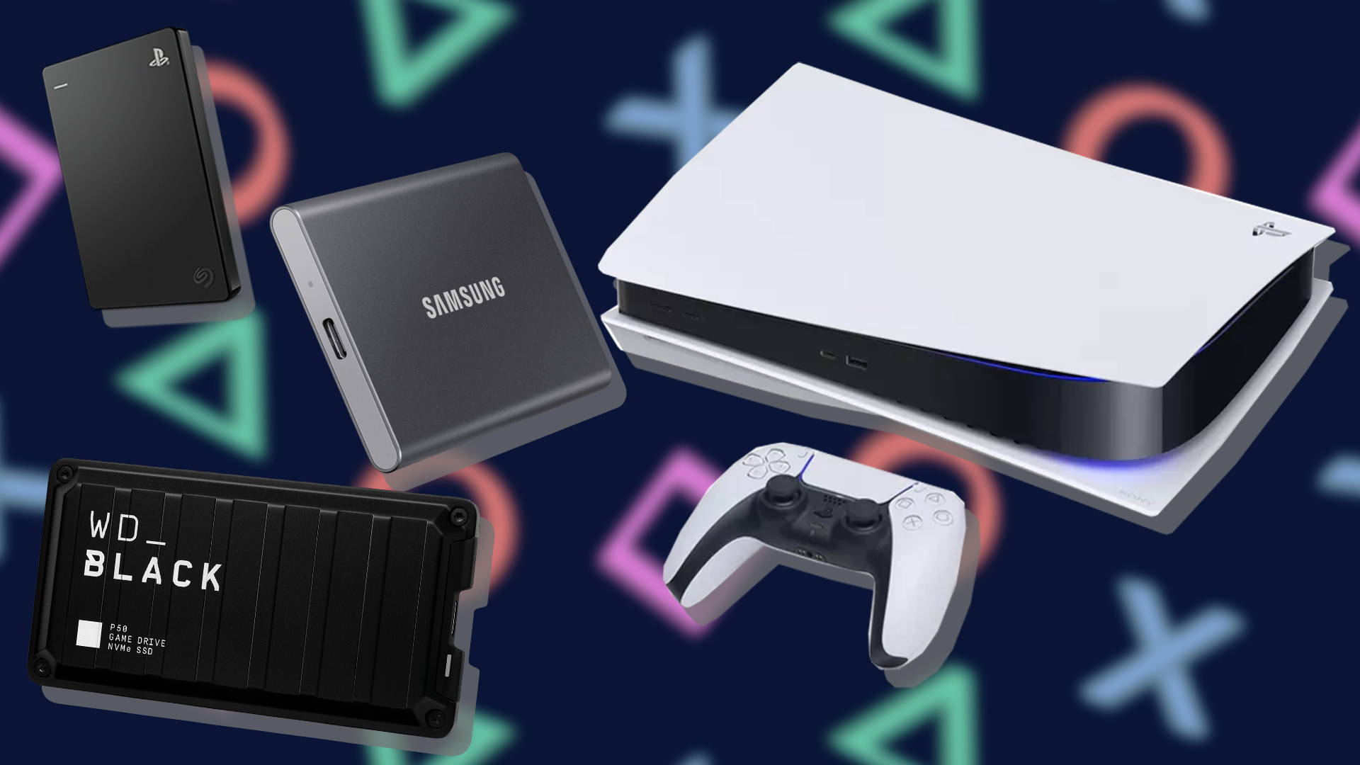 PS5 X Samsung 遊戲驅動器 壁紙 — 浮動遊戲硬件，包括PS5主機控制器和外置驅動器，在充滿活力的幾何背景上。