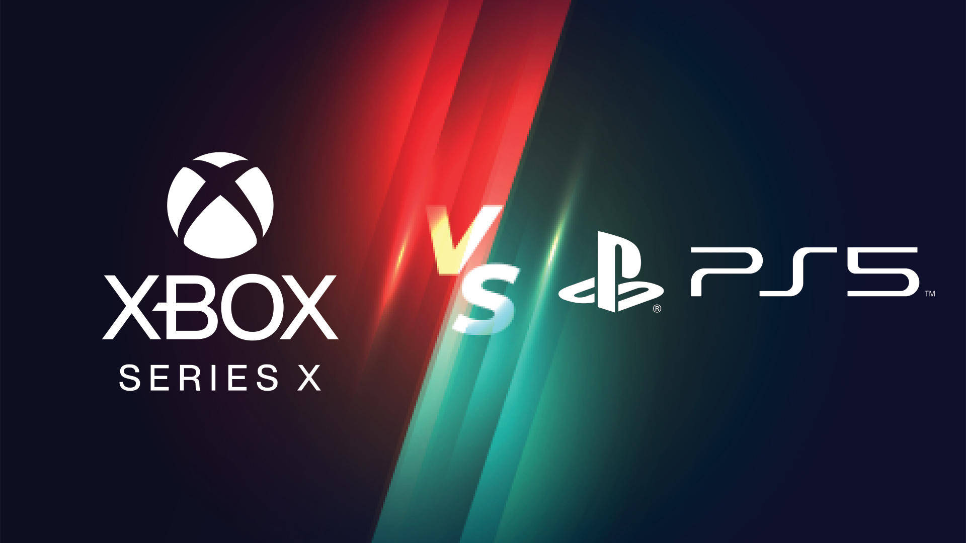 PS5 對決 Xbox Series X 壁紙 — Xbox Series X 和 PS5 標誌在鮮豔的紅色和藍綠色分割背景上對峙，帶有發光的燈光條紋。