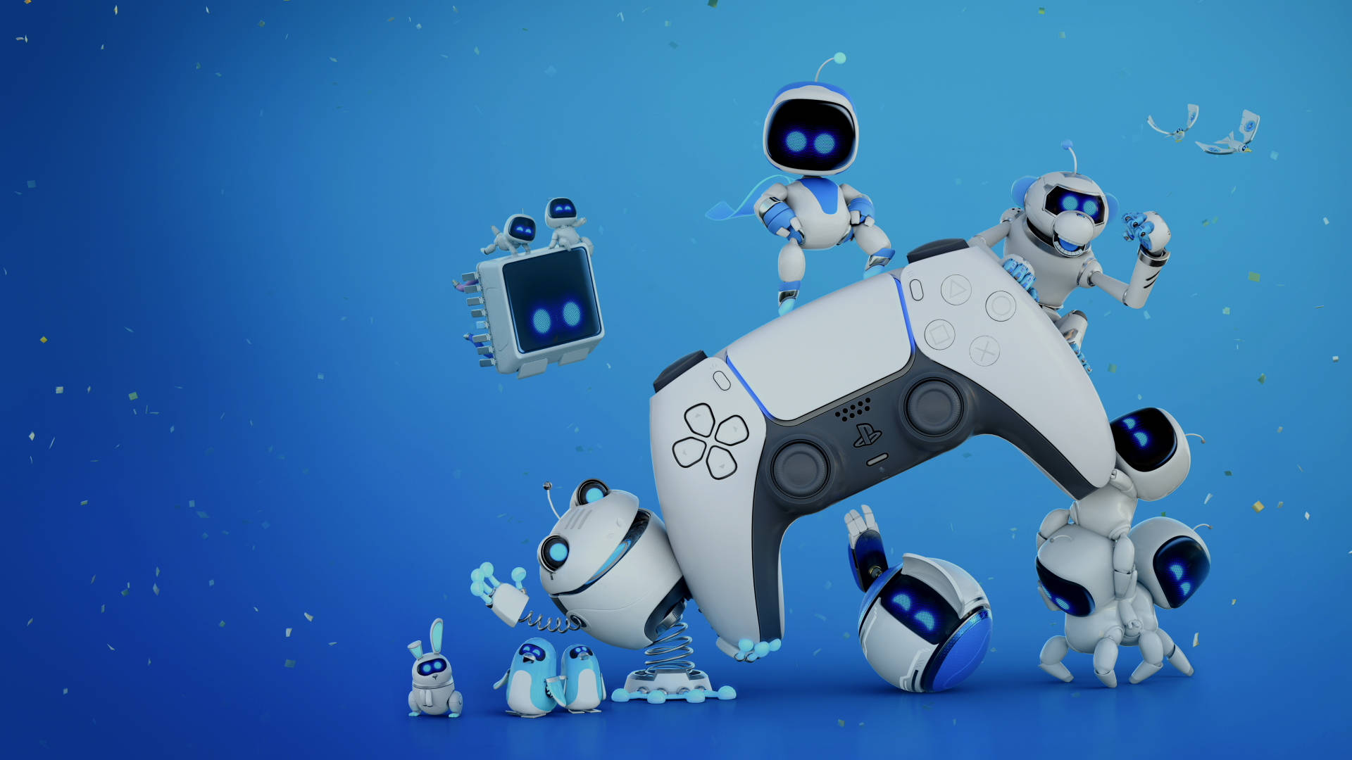PS5 控制器與 Astro Bots 壁紙 — 可愛的白色機器人藍色眼睛，快樂地圍繞著一個巨大的PlayStation控制器，背景是充滿活力的藍色。