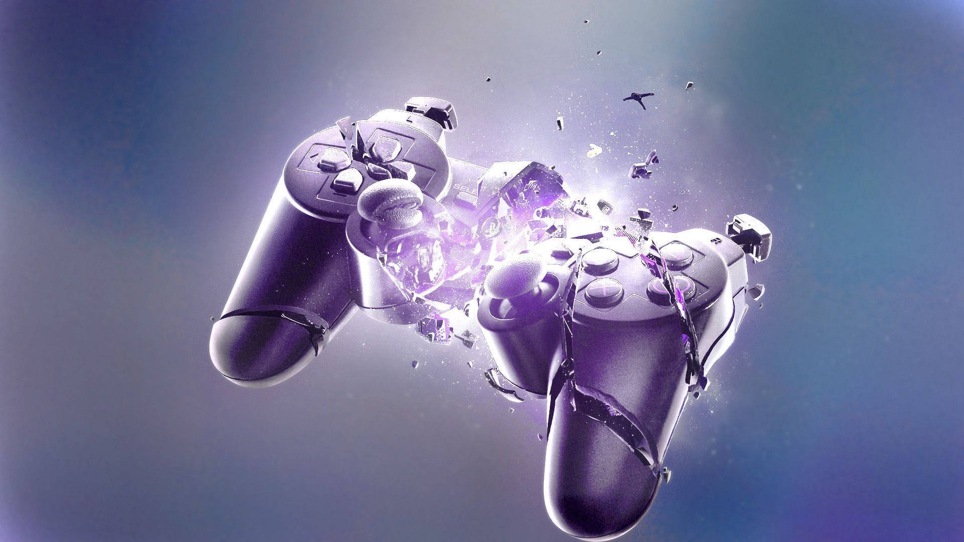PS5 舊控制器致敬 壁紙 — 兩個黑色遊戲控制器在漸變藍色背景上爆發出紫色能量。