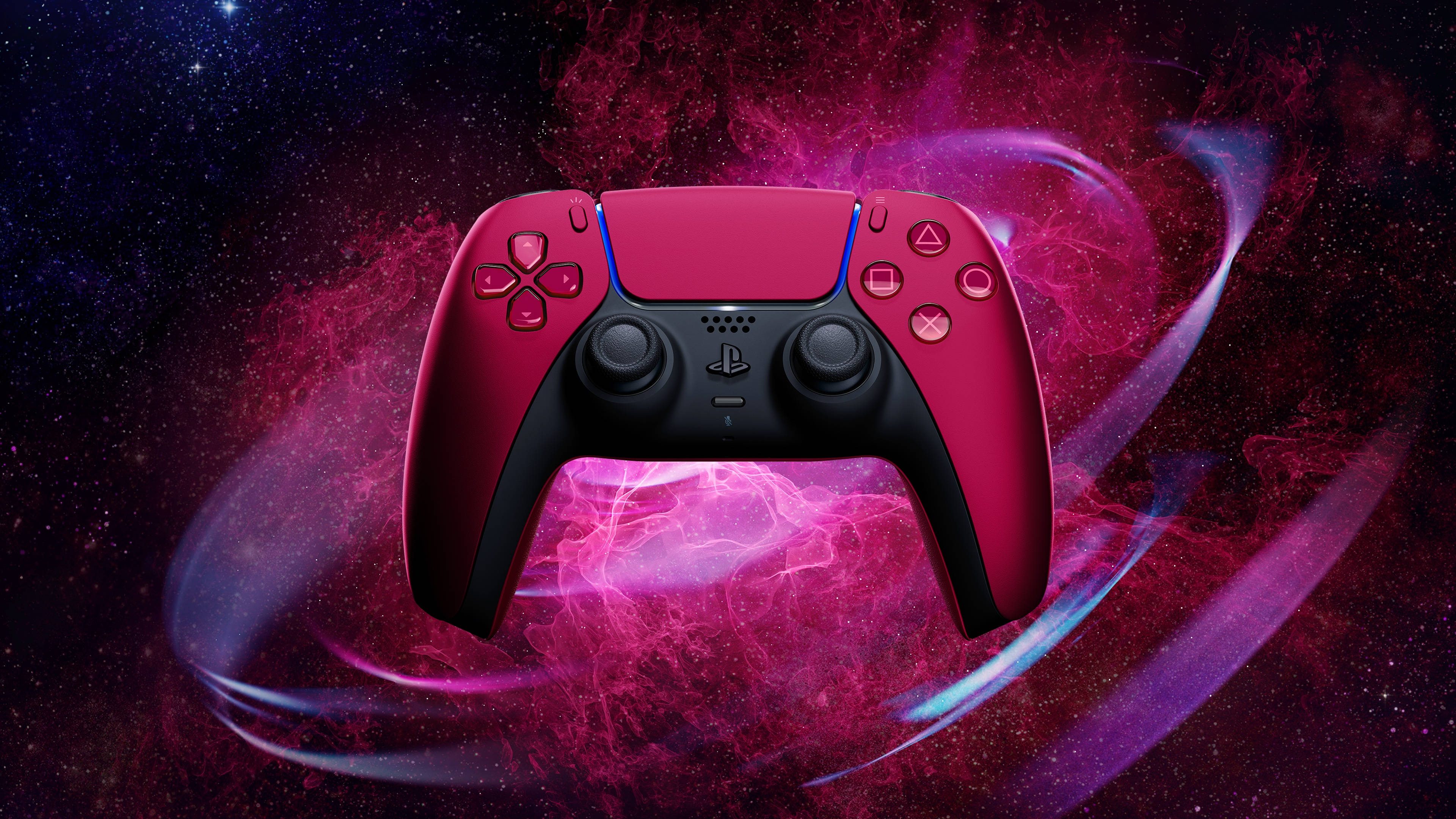 PS5 霓虹紫控制器 壁紙 — 一個鮮豔的粉紅色PlayStation手掣在旋轉的宇宙星雲和星空之間漂浮。