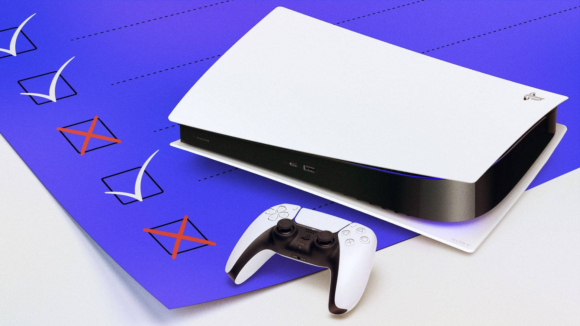 PS5主機與控制器 壁紙 — 一部白色PlayStation 5主機和手掣放在一個帶有標記方格的藍色清單上。