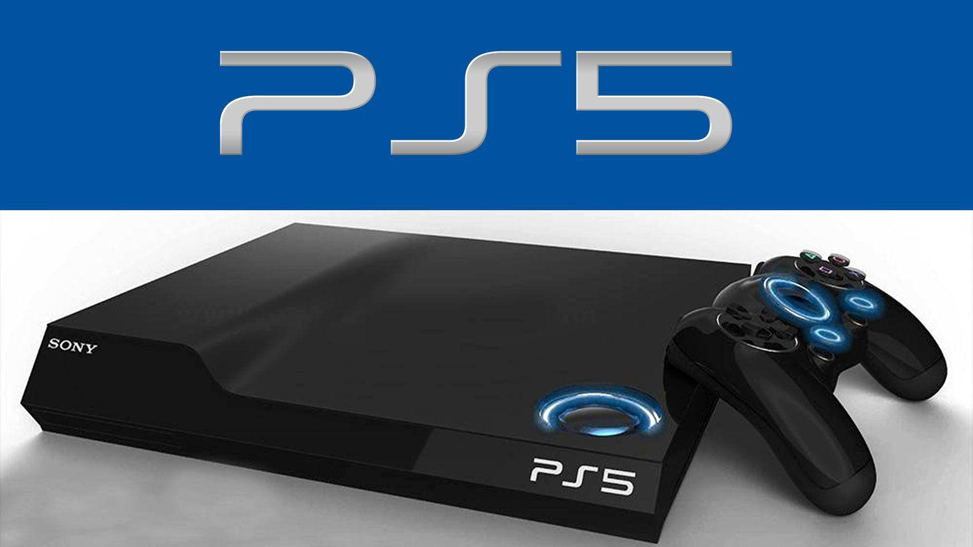 PS5家用遊戲主機 壁紙 — 時尚黑色PS5主機和控制器，帶有發光藍色燈光，放置在白色表面上，背景為大膽的藍色，帶有銀色PS5標誌。