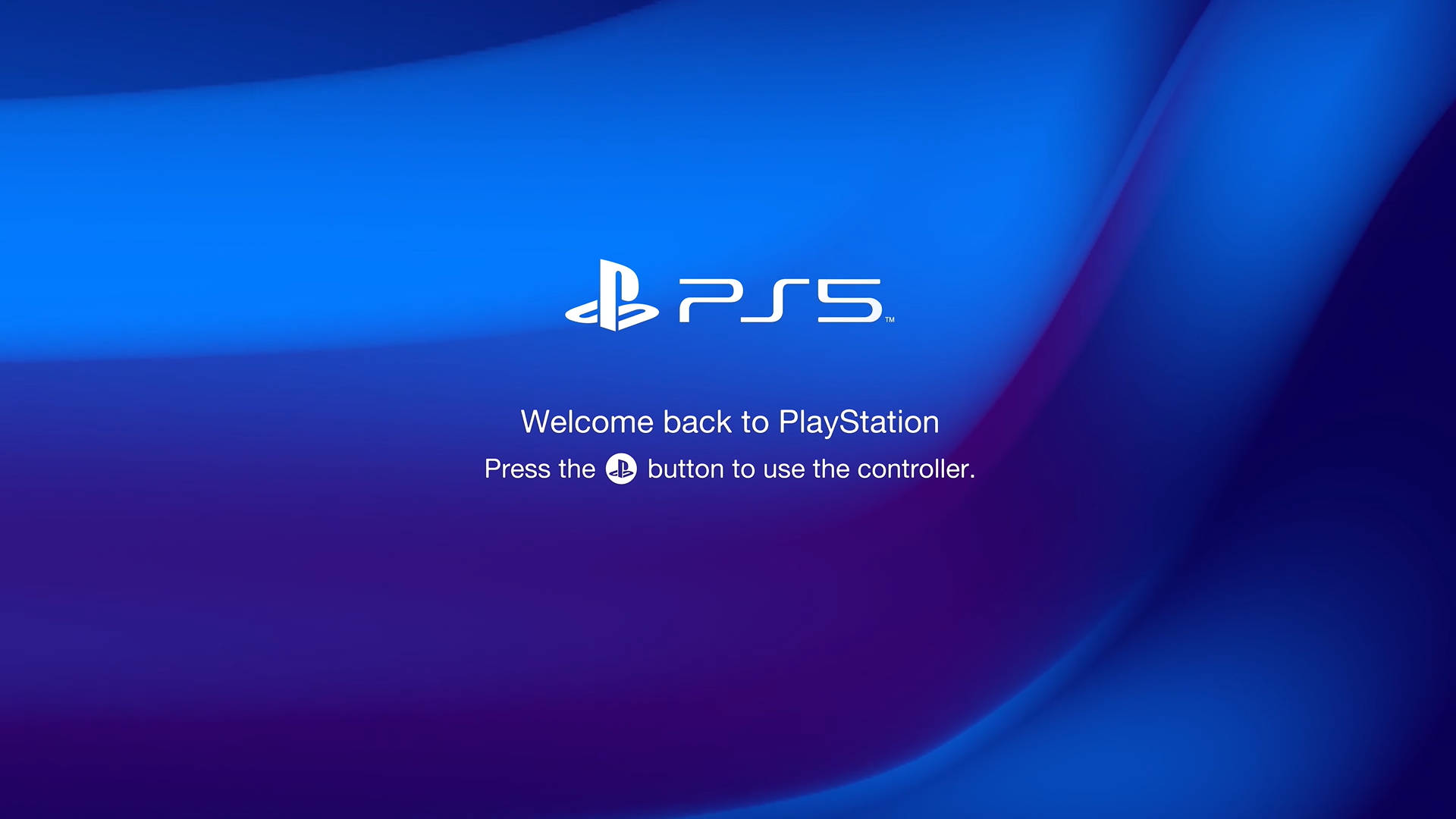 PS5歡迎畫面訊息 壁紙 — 時尚的 PlayStation 5 歡迎畫面，帶有發光的藍色和紫色漸變以及清晰的白色文字。
