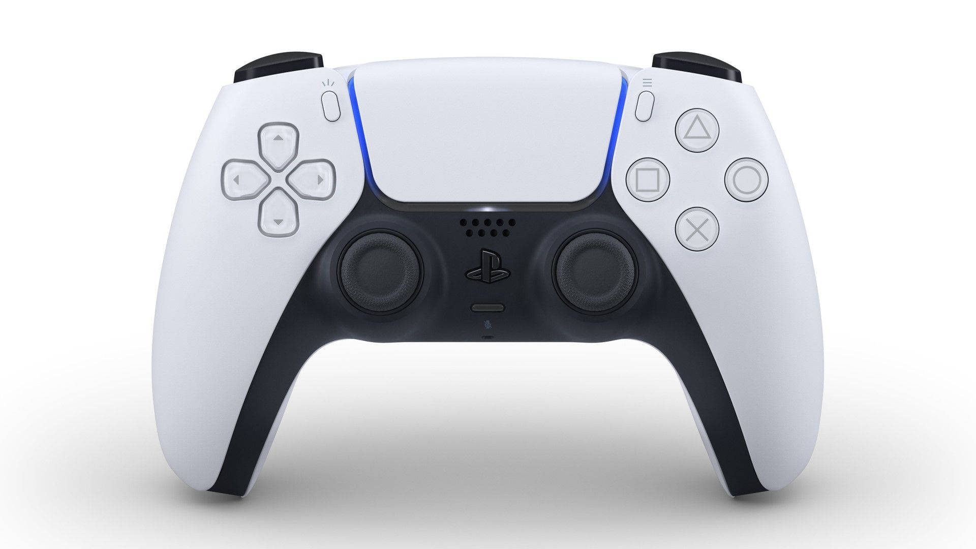 白色PlayStation 5 DualSense控制器，帶藍色燈條，白色背景。