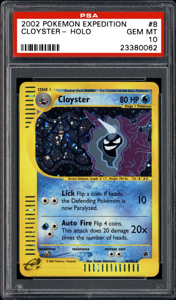 PSA 評級的 Cloyster 高光卡牌 壁紙 — 一張PSA評級2002年寶可夢探險系列鐵甲貝卡牌，寶石級別10狀態，帶有全息箔片和鮮黃色邊框。