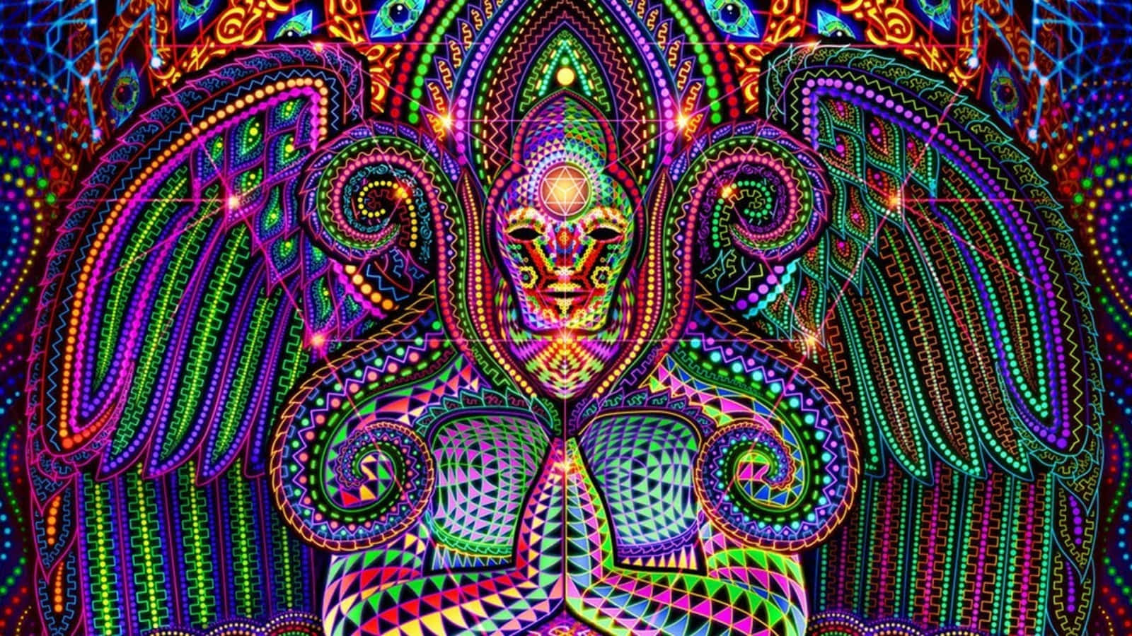 一個色彩繽紛的數位天使，帶有發光的翅膀和複雜的圖案。