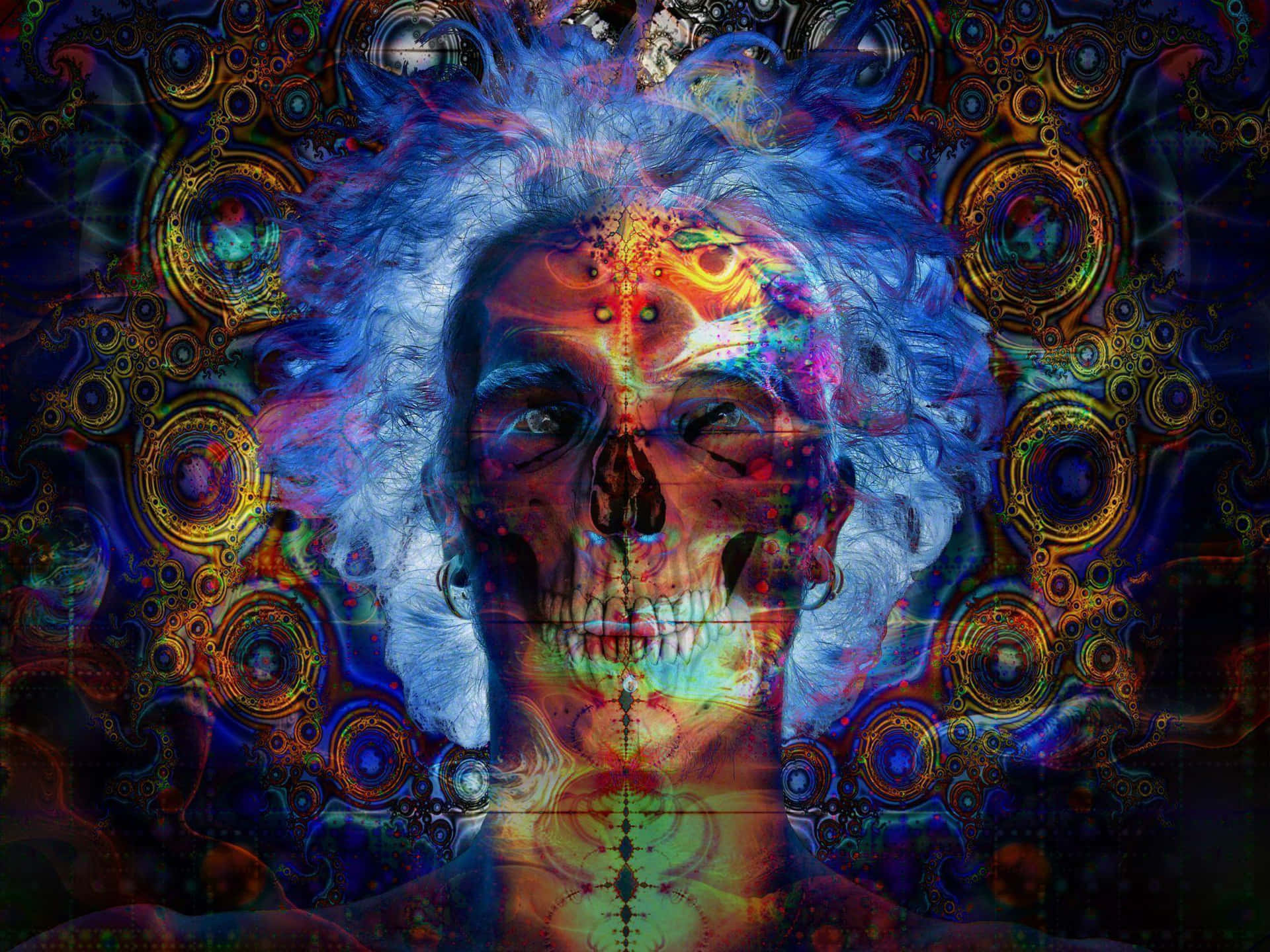 數碼藝術中帶有分形圖案和宇宙色彩的發光頭骨。