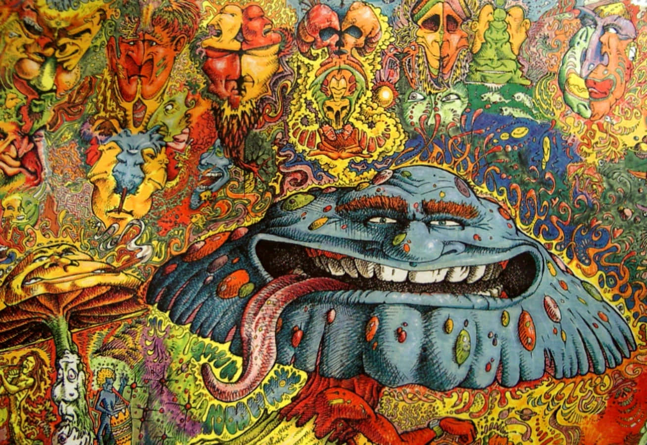 充滿活力的超現實藝術作品，展示一個藍色大生物咧嘴大笑，周圍環繞著奇幻面孔。
