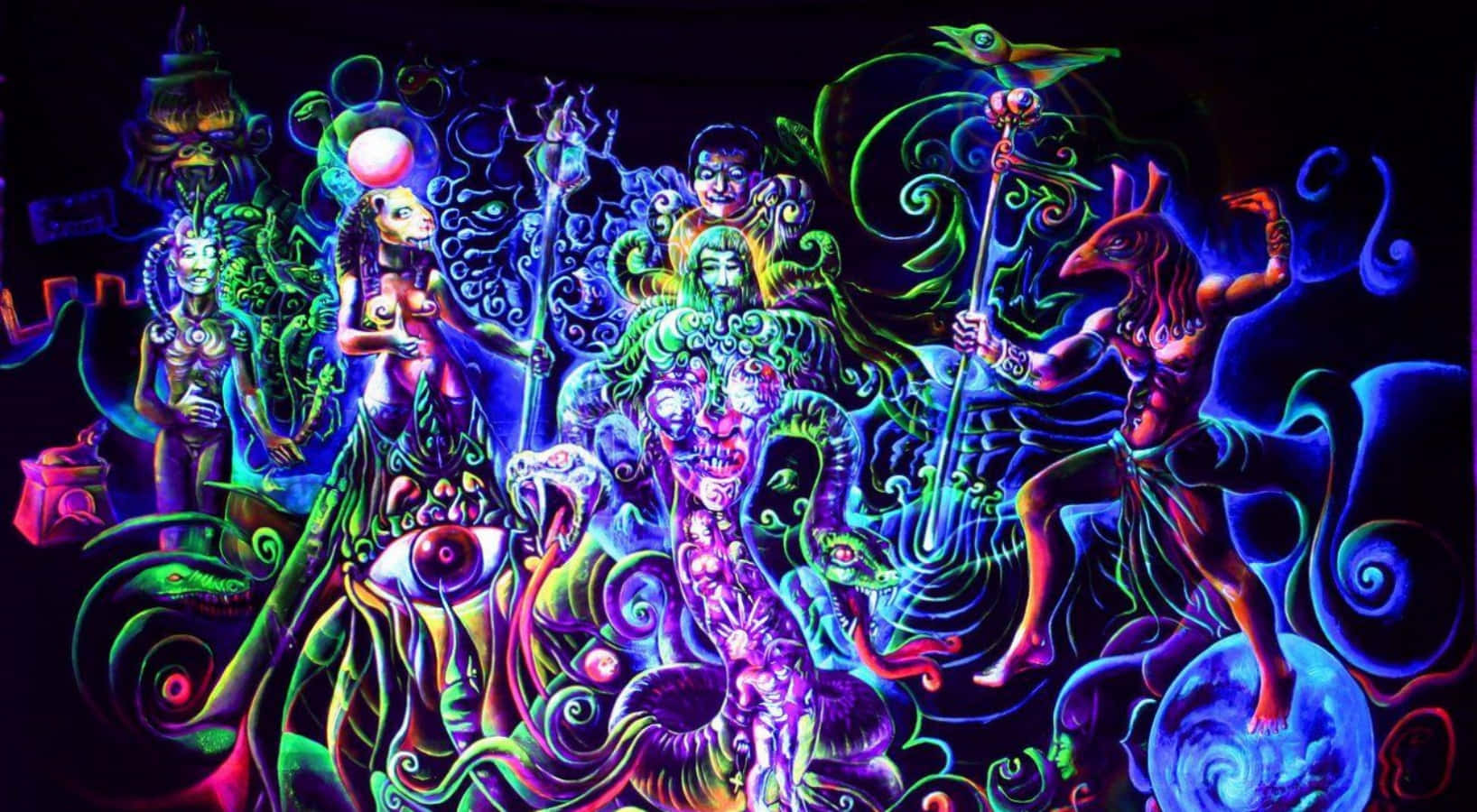  壁紙 — 充滿活力的霓虹色彩超現實人物，帶有發光圖案和宇宙元素，在黑暗背景中旋轉。