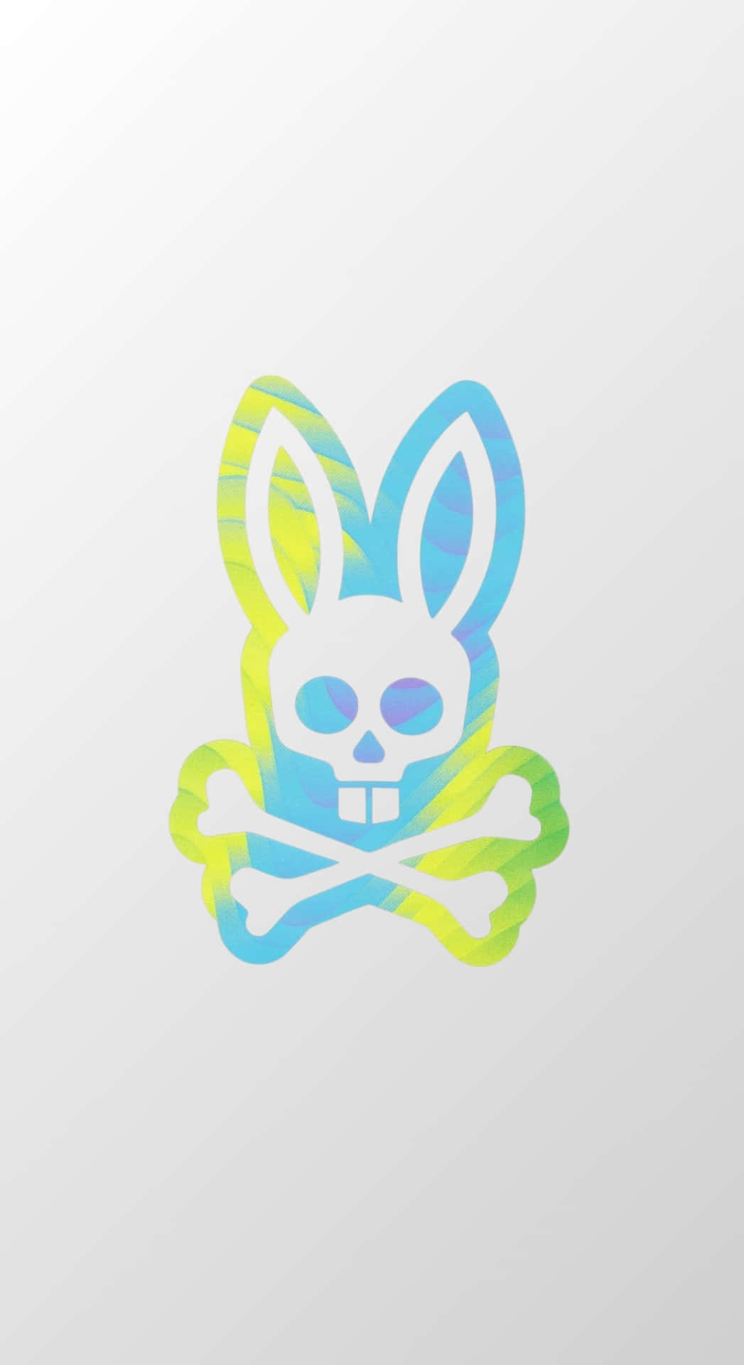 Psycho Bunny 標誌設計 壁紙 — 一個風格化的頭骨，帶有兔耳朵和交叉骨頭，採用鮮豔的藍色和綠色漸變，背景為淺灰色。