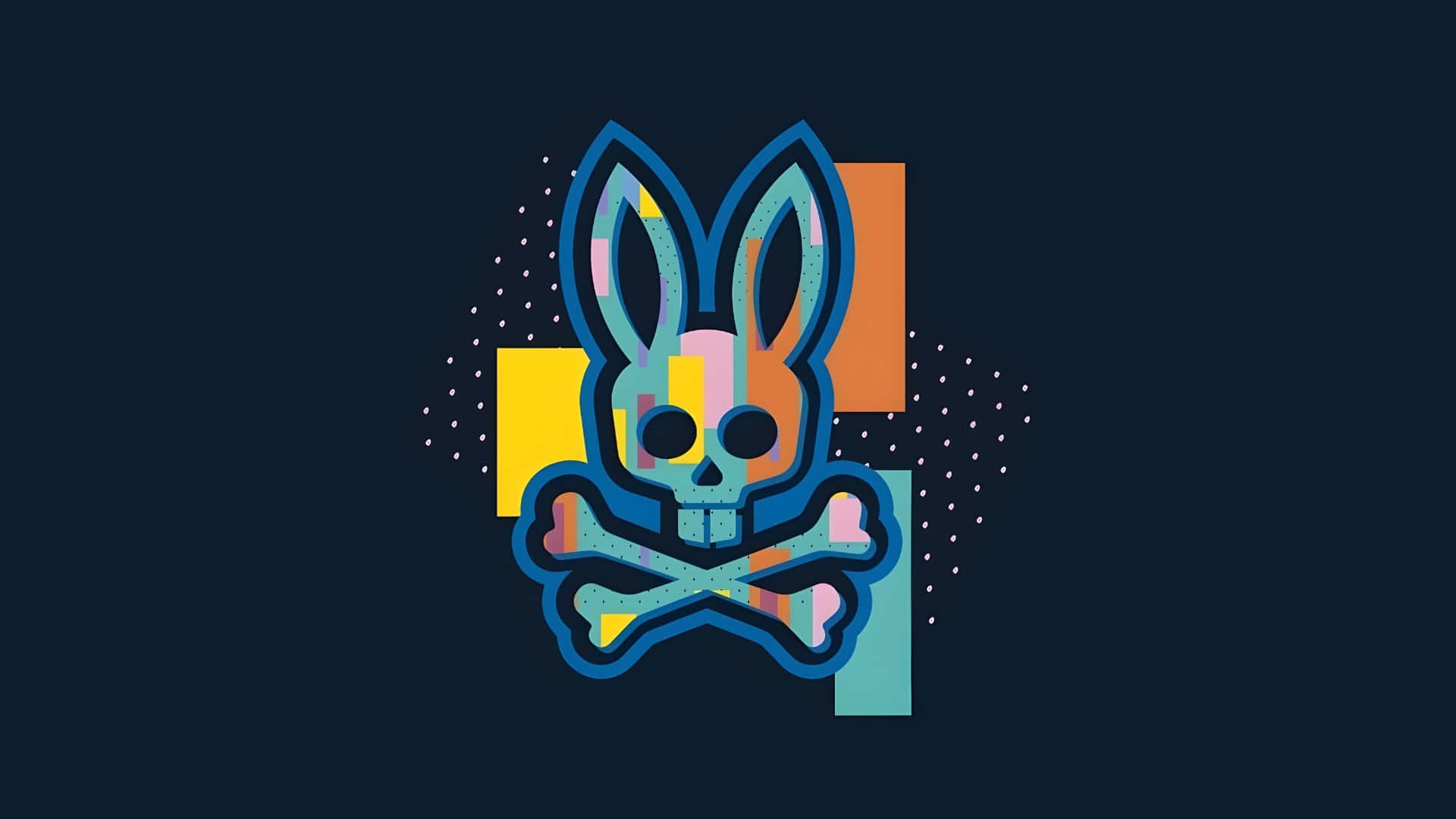 Psycho Bunny 標誌設計 壁紙 — 一個風格化的兔頭骨，帶有交叉骨頭，置於深色背景上，配有色彩繽紛的幾何形狀和點狀裝飾。
