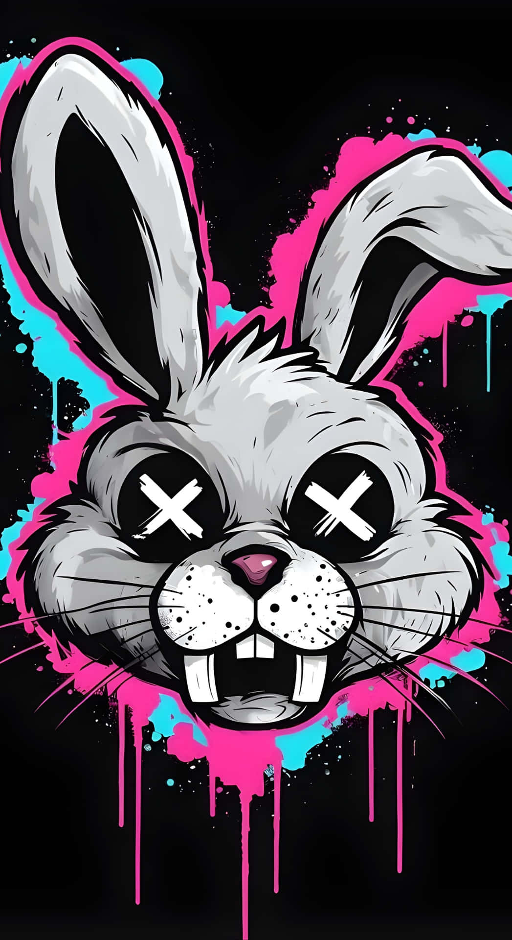 Psycho Bunny 街頭藝術設計 壁紙 — 一隻風格化的卡通兔，帶有X形眼睛和尖牙，被鮮豔的粉紅色和青色油漆飛濺包圍在黑色背景上。