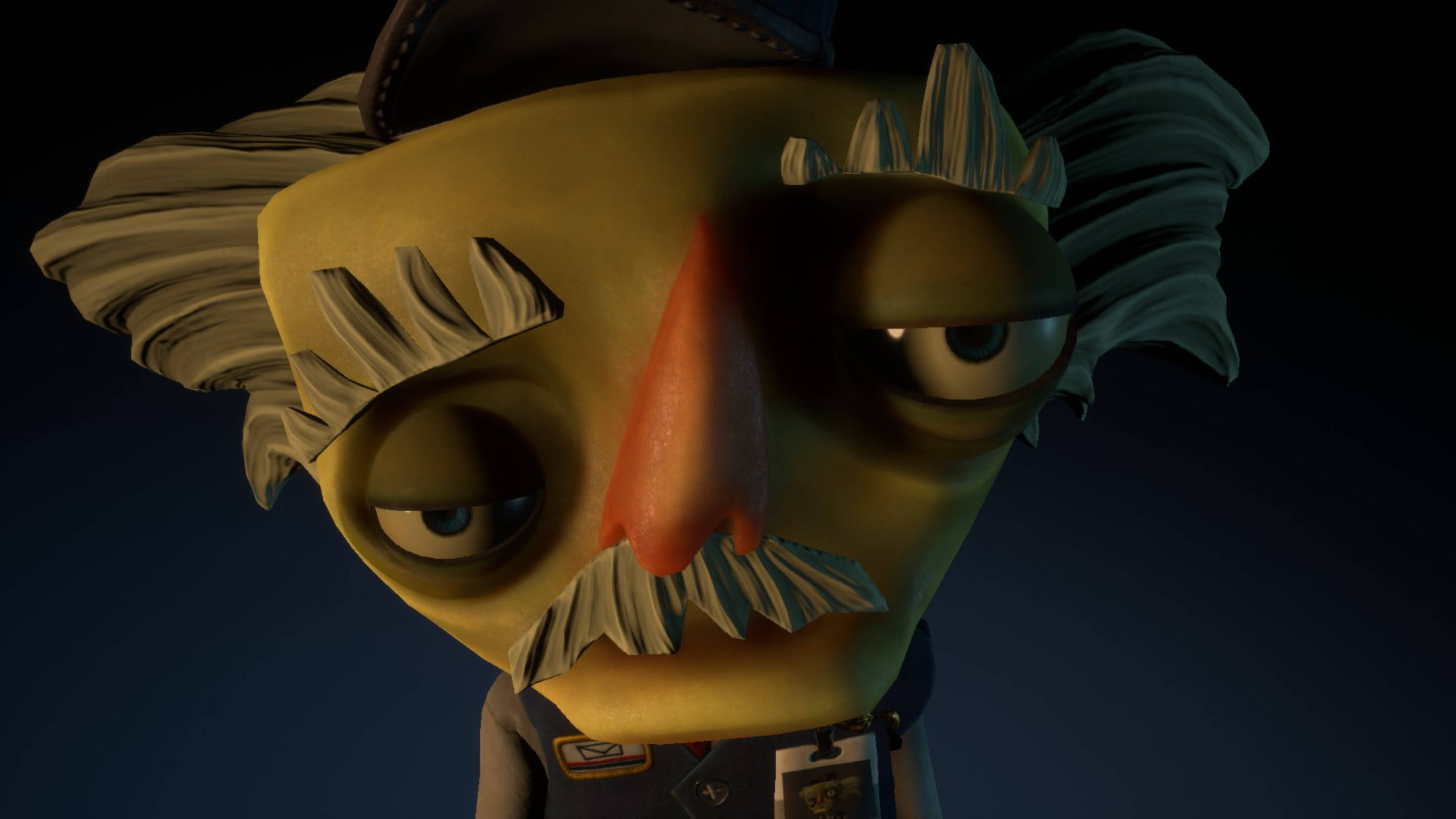 Psychonauts 2 郵差福特精彩遊戲畫面 壁紙 — 特寫一個風格化的動畫角色，有大鼻子和疲倦的眼睛，背景為深色。