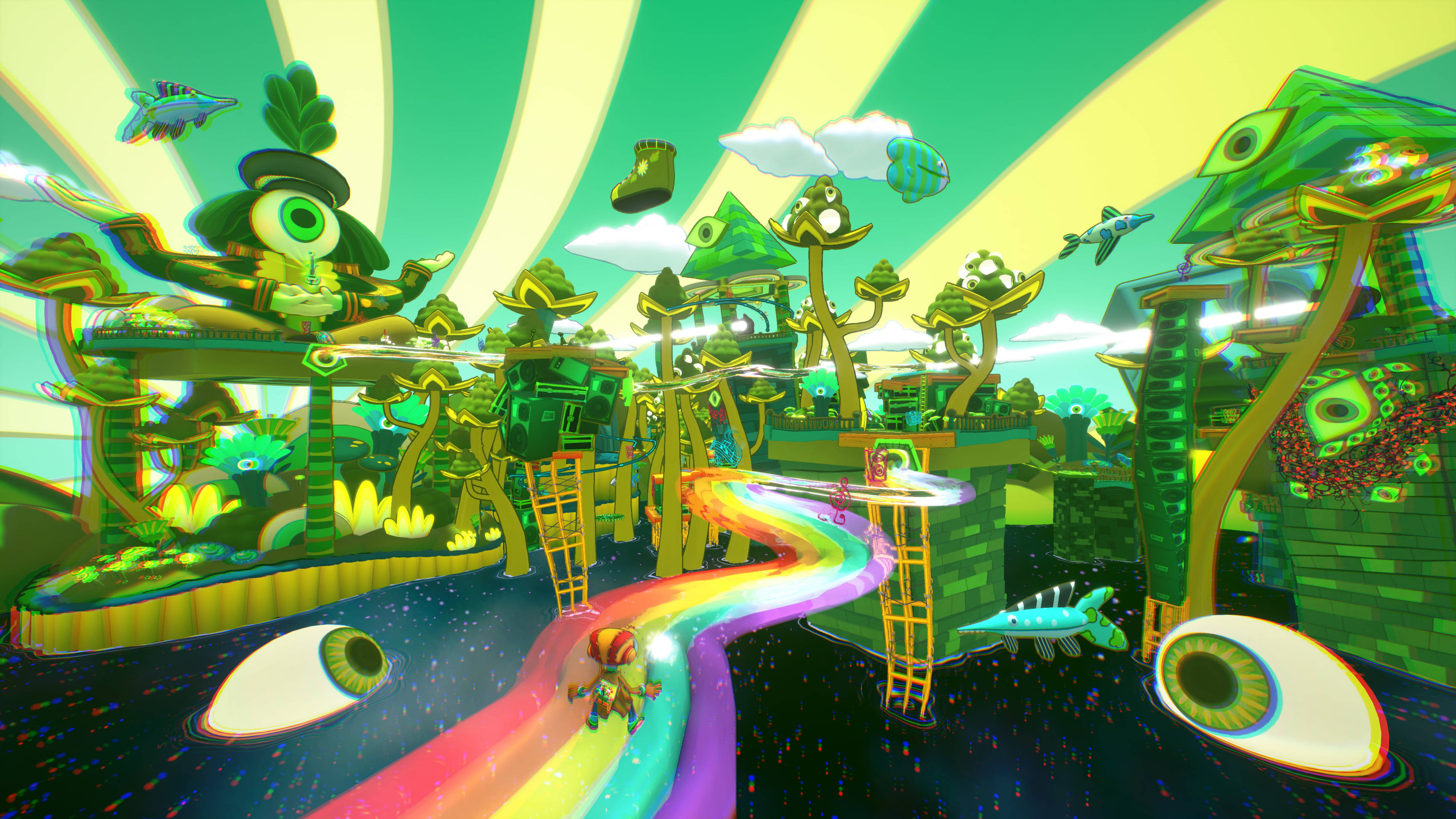 Psychonauts 2 PSI-王的感官世界 壁紙 — 一個充滿活力的數碼藝術場景，角色沿著彩虹軌道滑下，穿過一個超現實的綠色景觀，充滿了巨大的眼睛主題結構和漂浮的雲朵。